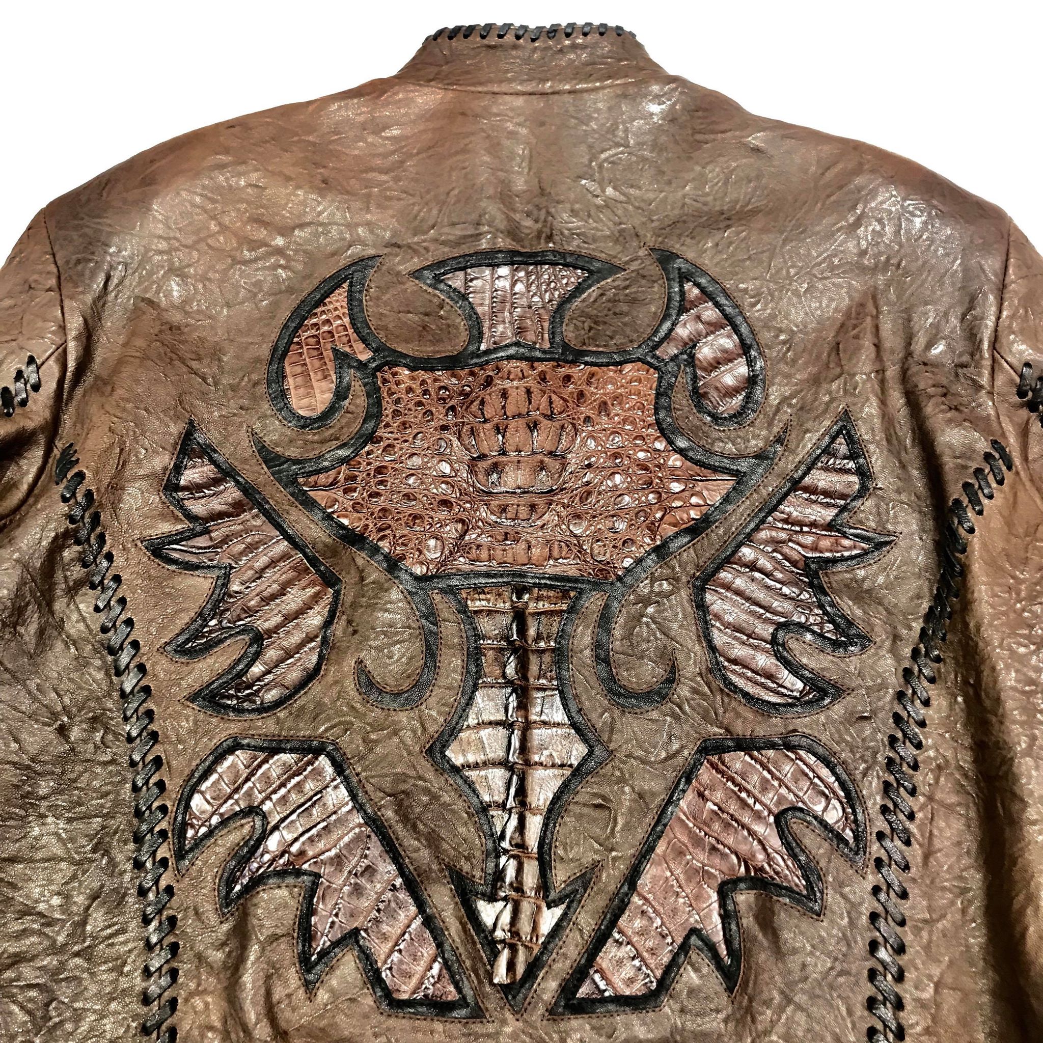 Kashani Brown Raw Laced Horn-Back Alligator Bomber Jacket - Image 7