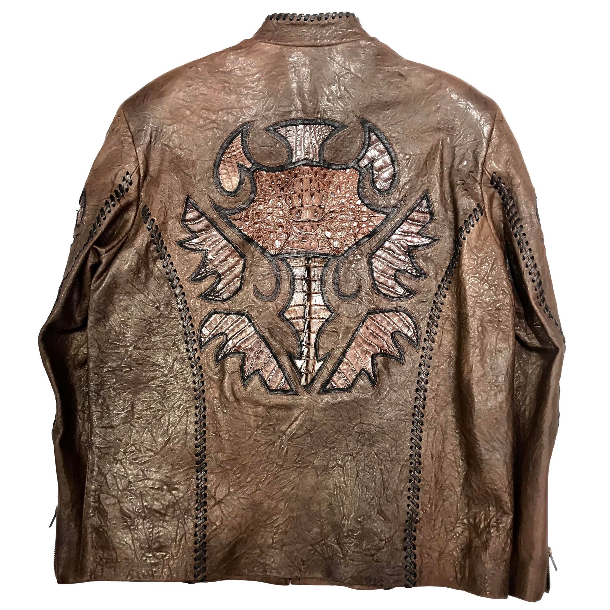 Kashani Brown Raw Laced Horn-Back Alligator Bomber Jacket - Image 8