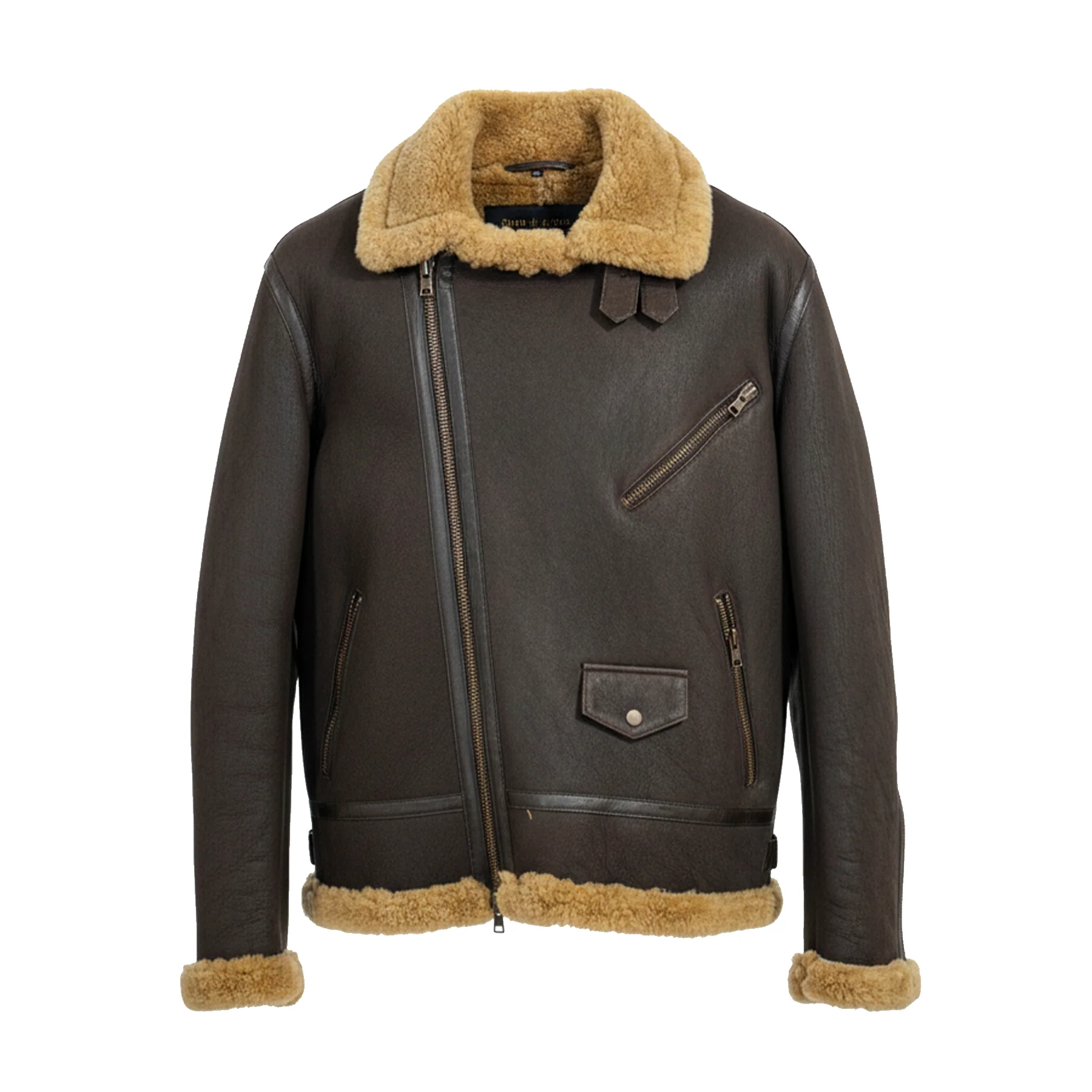 Kashani Chocolate Brown Biker Shearling Coat - Image 2