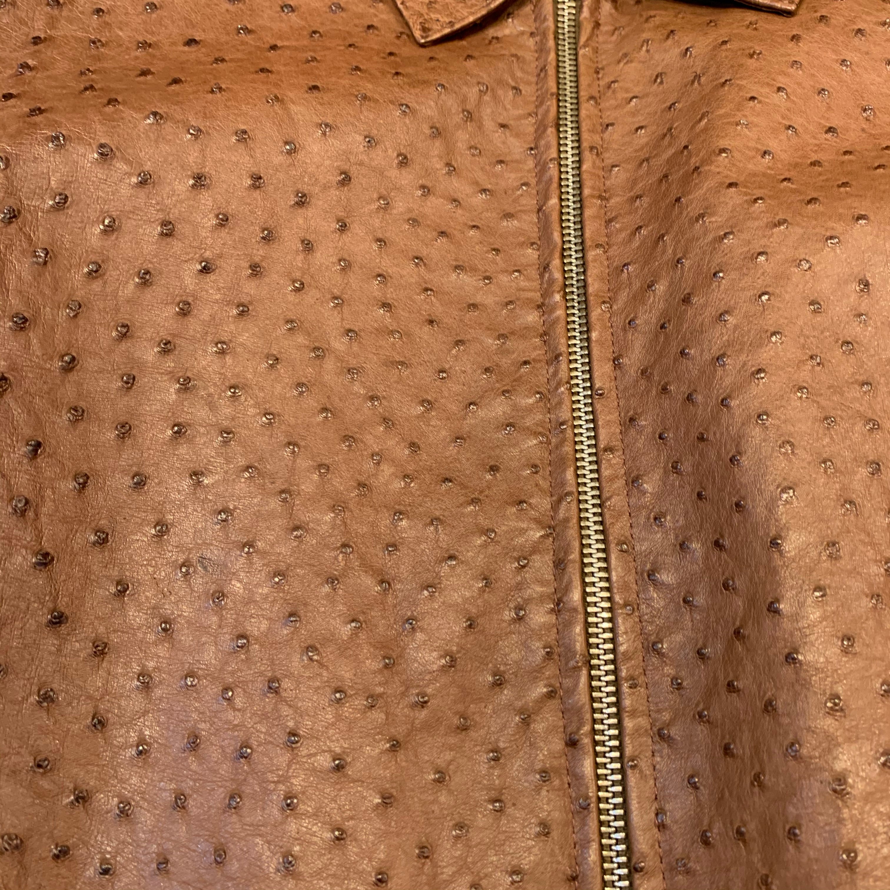 Kashani Chocolate Brown Ostrich Quill/Lambskin Collared Bomber Jacket - Image 4