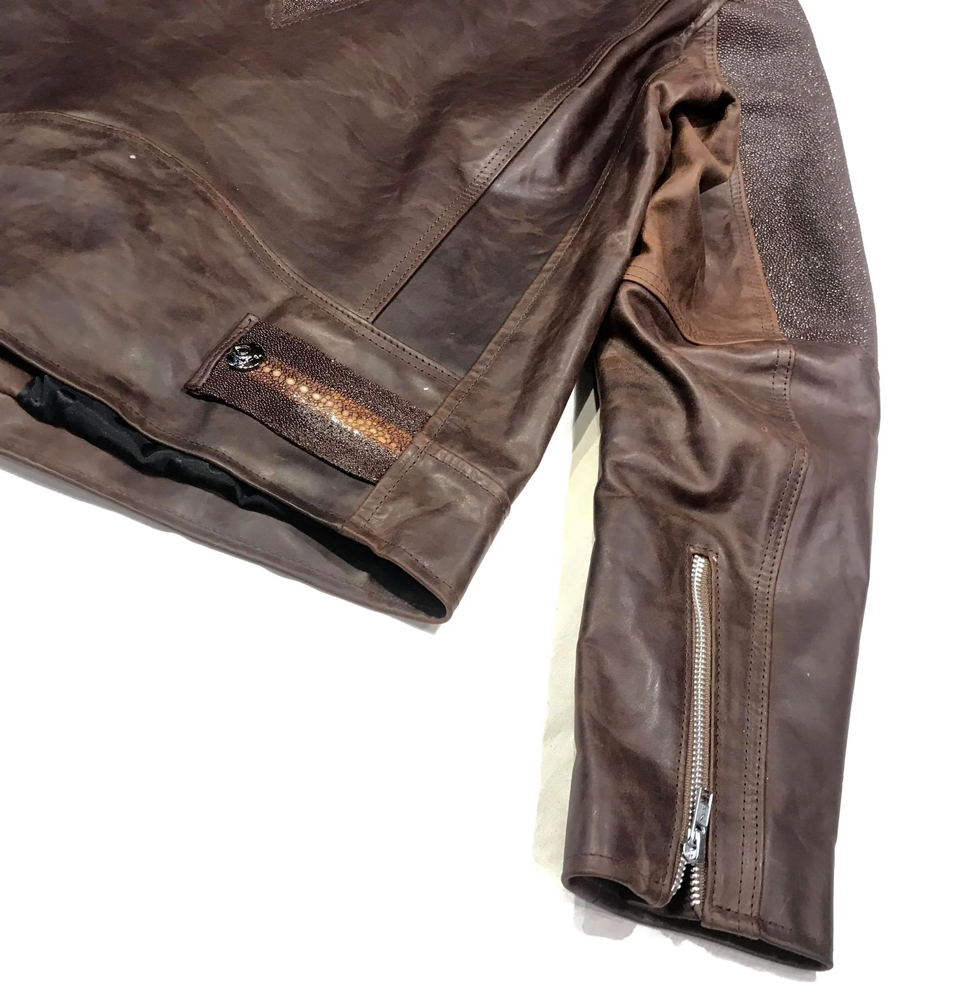 Kashani Chocolate Brown Stingray/Leather Biker Jacket - Image 7