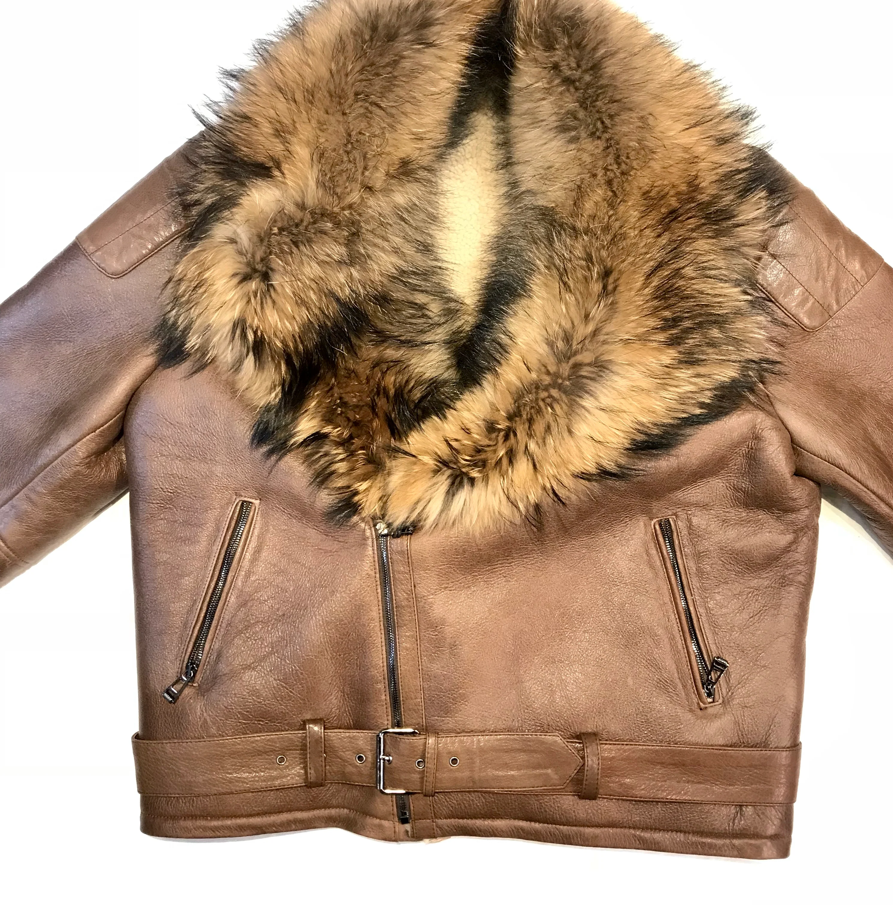 Kashani Chocolate Oversized Fox Collar Shearling Biker Jacket - Image 3