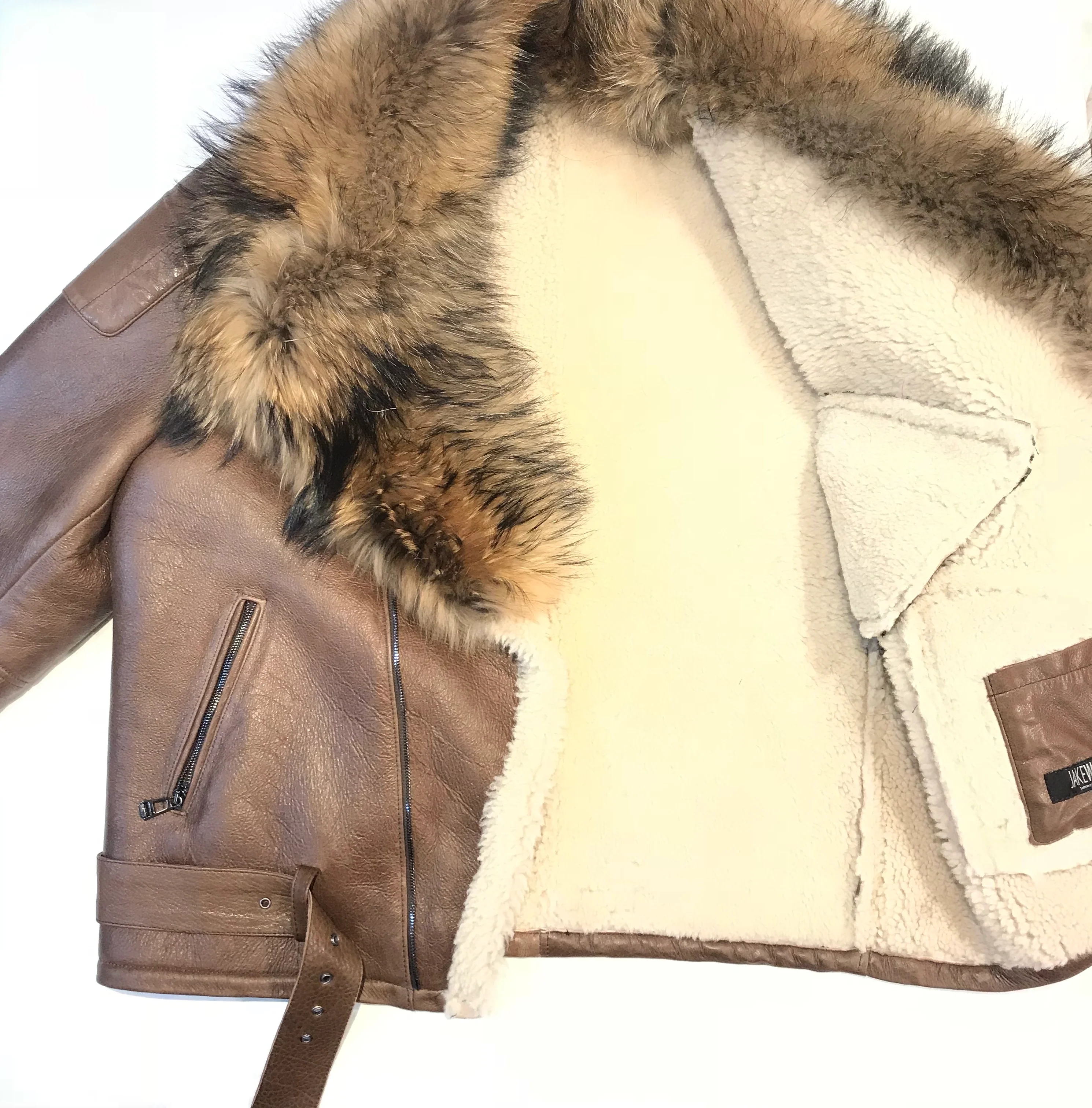 Kashani Chocolate Oversized Fox Collar Shearling Biker Jacket - Image 4