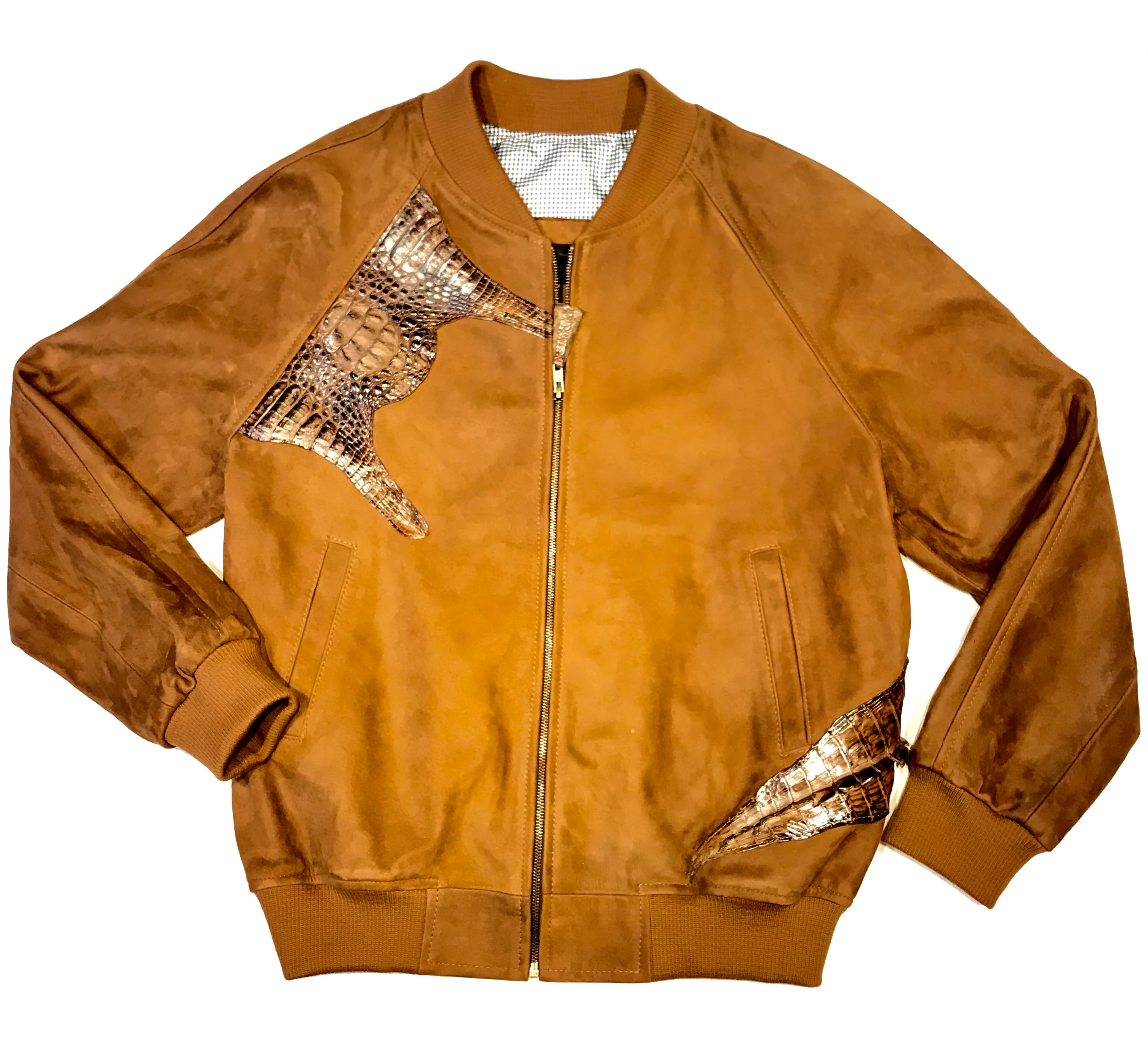 Kashani Chocolate Suede Alligator Body Wrap Bomber Jacket - Image 2
