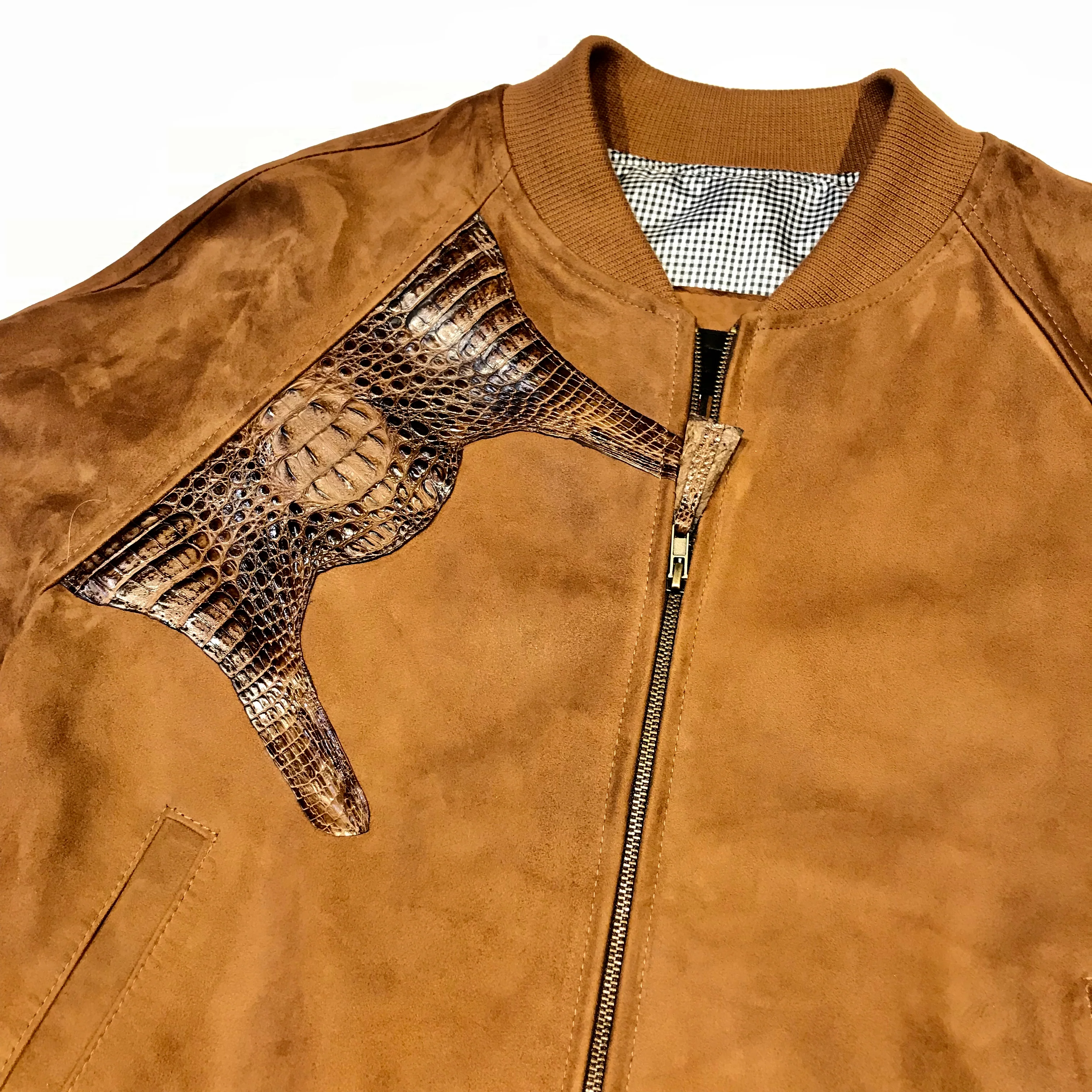 Kashani Chocolate Suede Alligator Body Wrap Bomber Jacket - Image 3