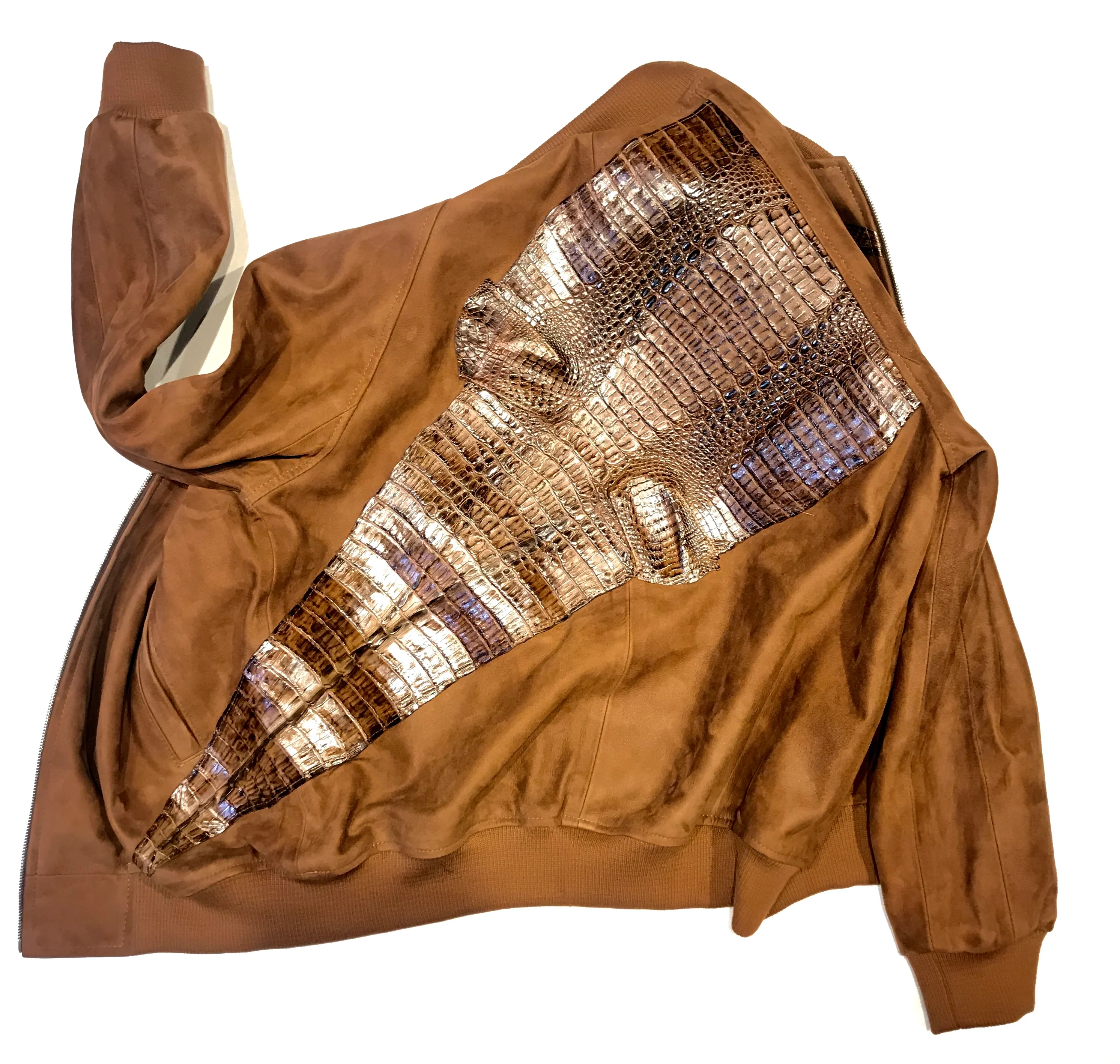 Kashani Chocolate Suede Alligator Body Wrap Bomber Jacket - Image 4