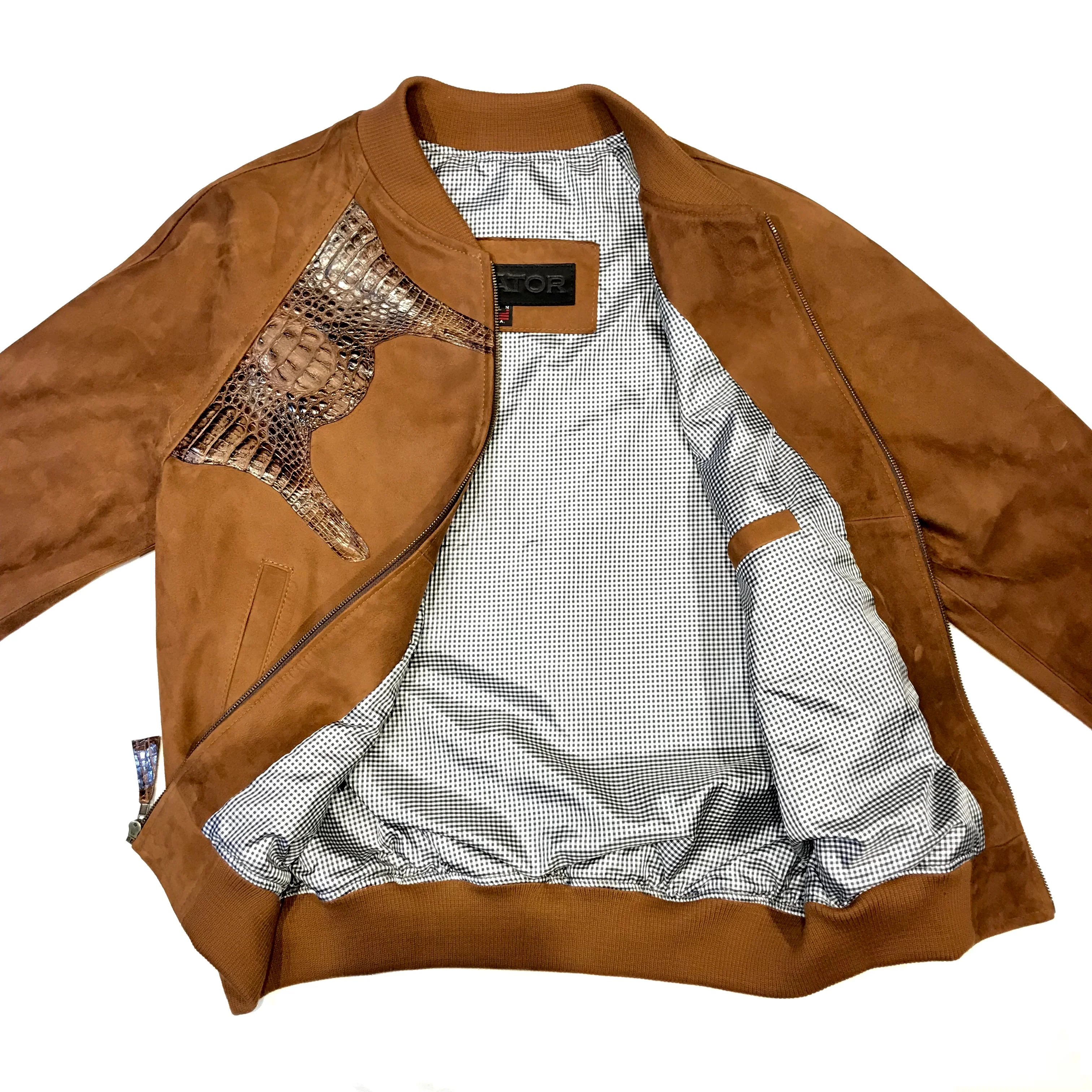 Kashani Chocolate Suede Alligator Body Wrap Bomber Jacket - Image 5