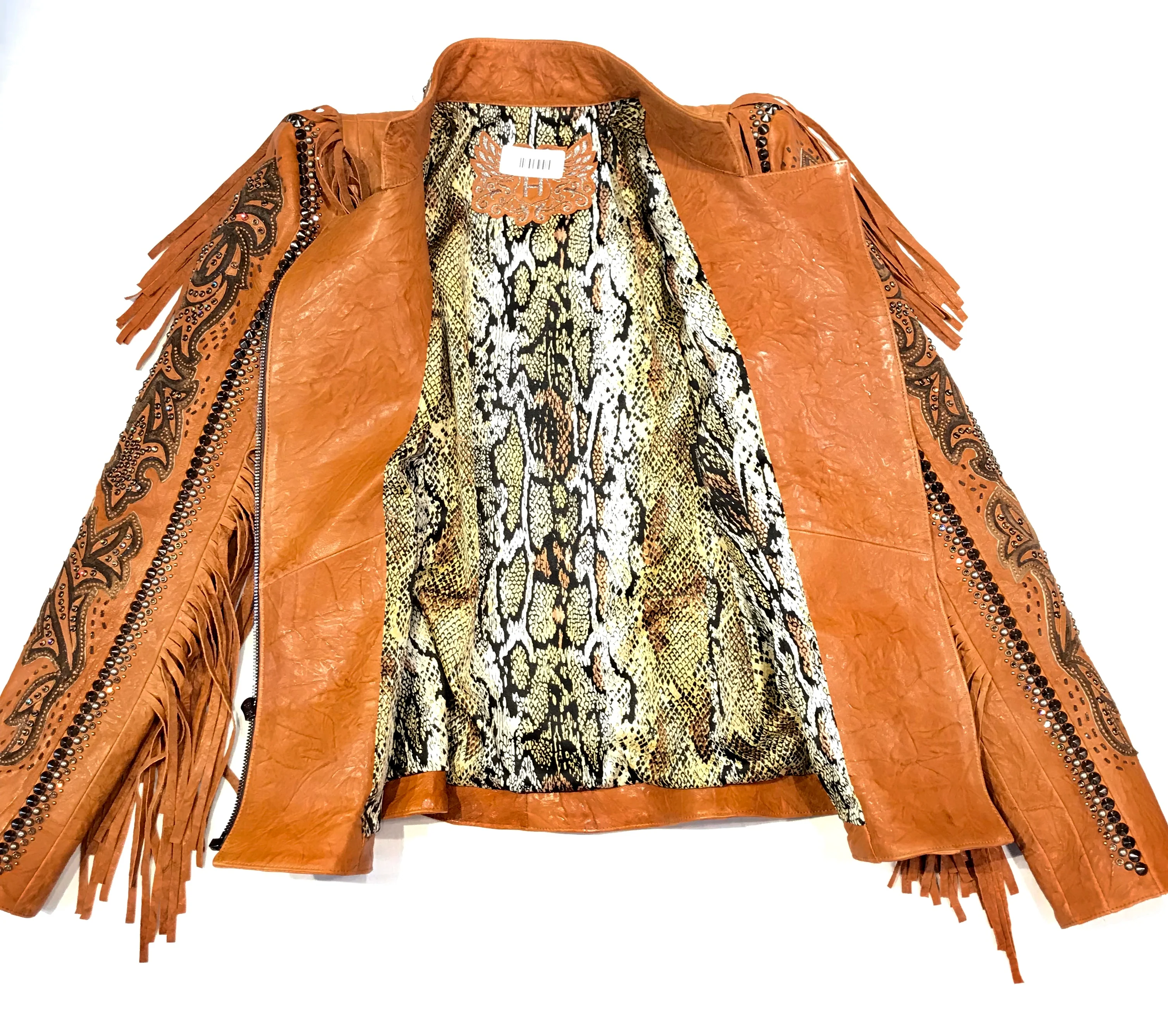 Kashani Cognac Swarovski Crystal Lambskin Studded Fringe Jacket - Image 4
