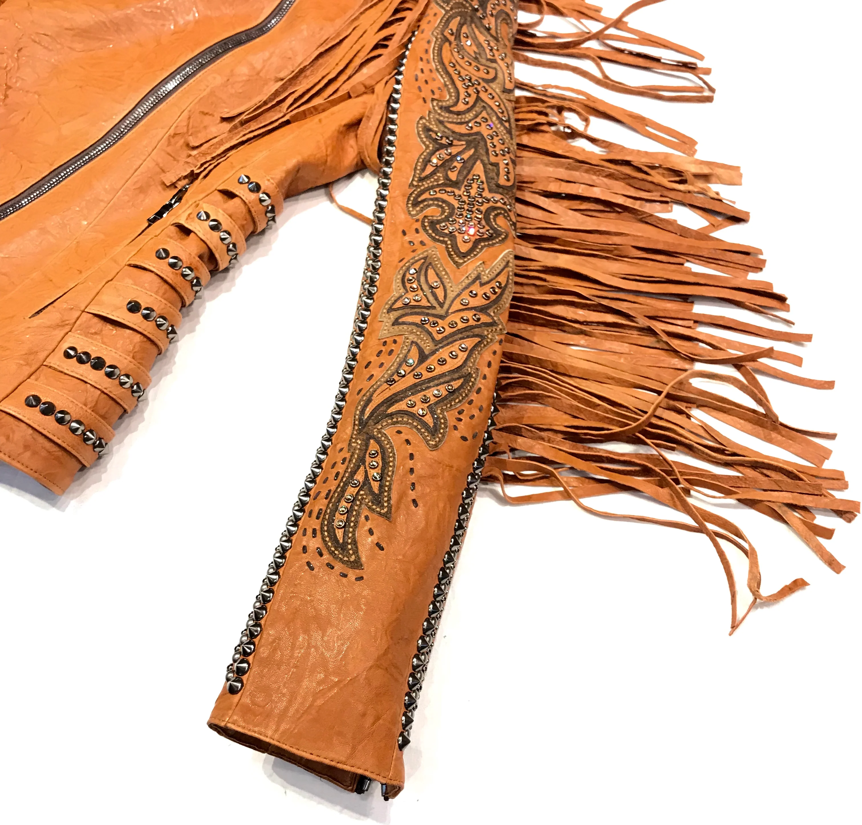 Kashani Cognac Swarovski Crystal Lambskin Studded Fringe Jacket - Image 5