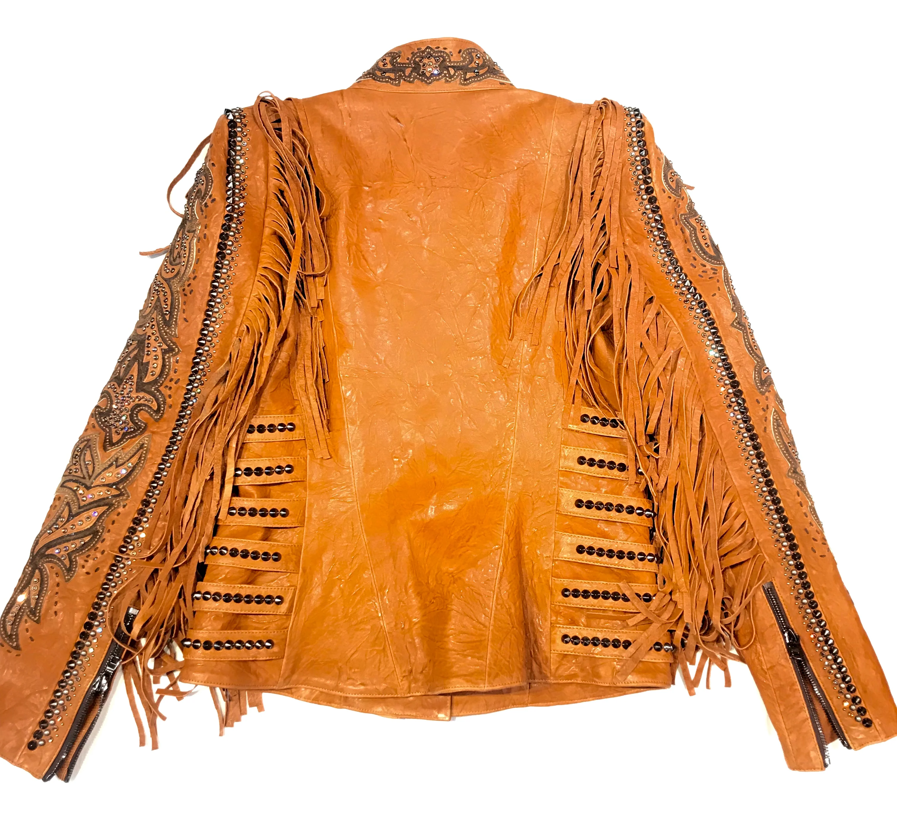 Kashani Cognac Swarovski Crystal Lambskin Studded Fringe Jacket - Image 6