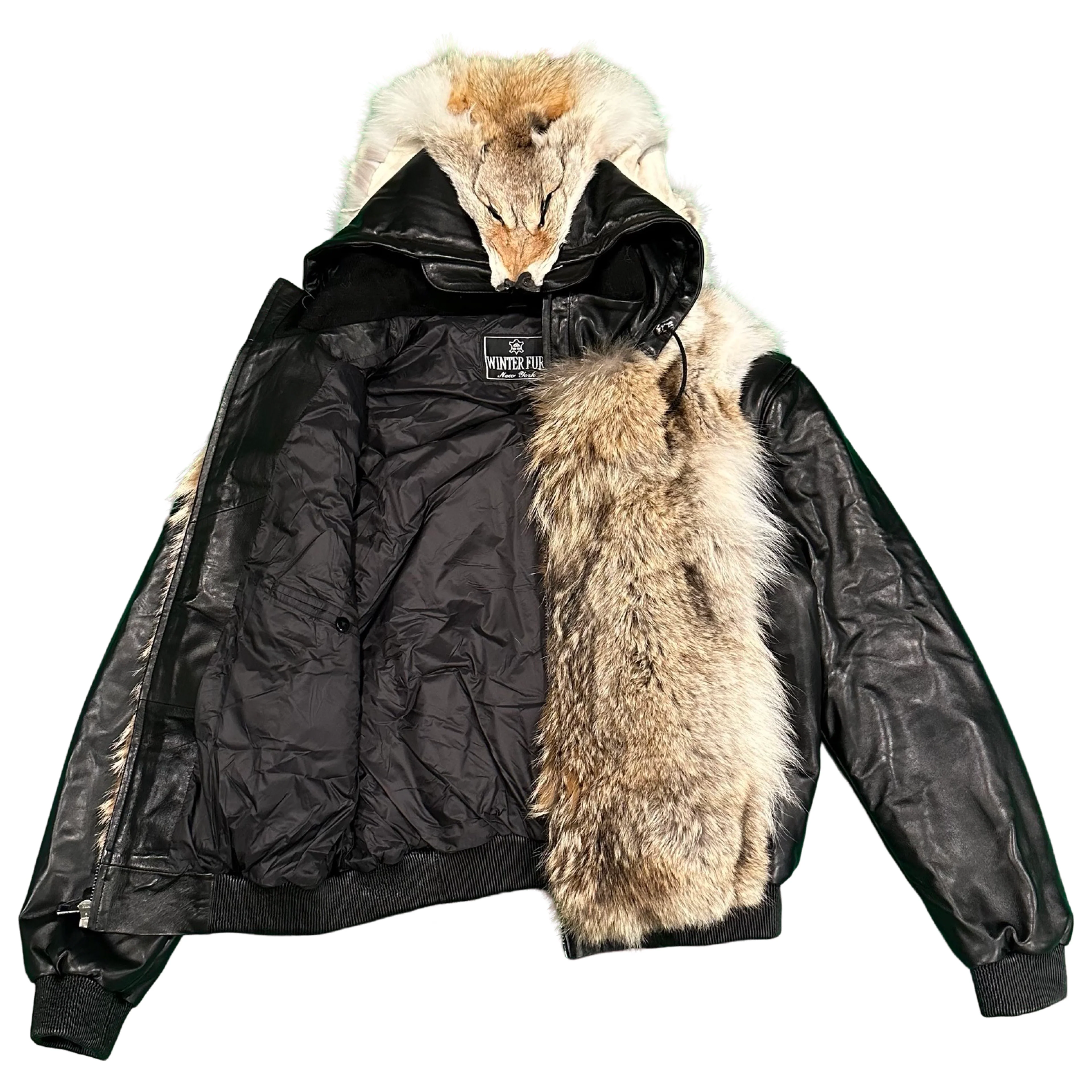 Kashani Coyote Head Fur Black Lambskin Leather Jacket - Image 3