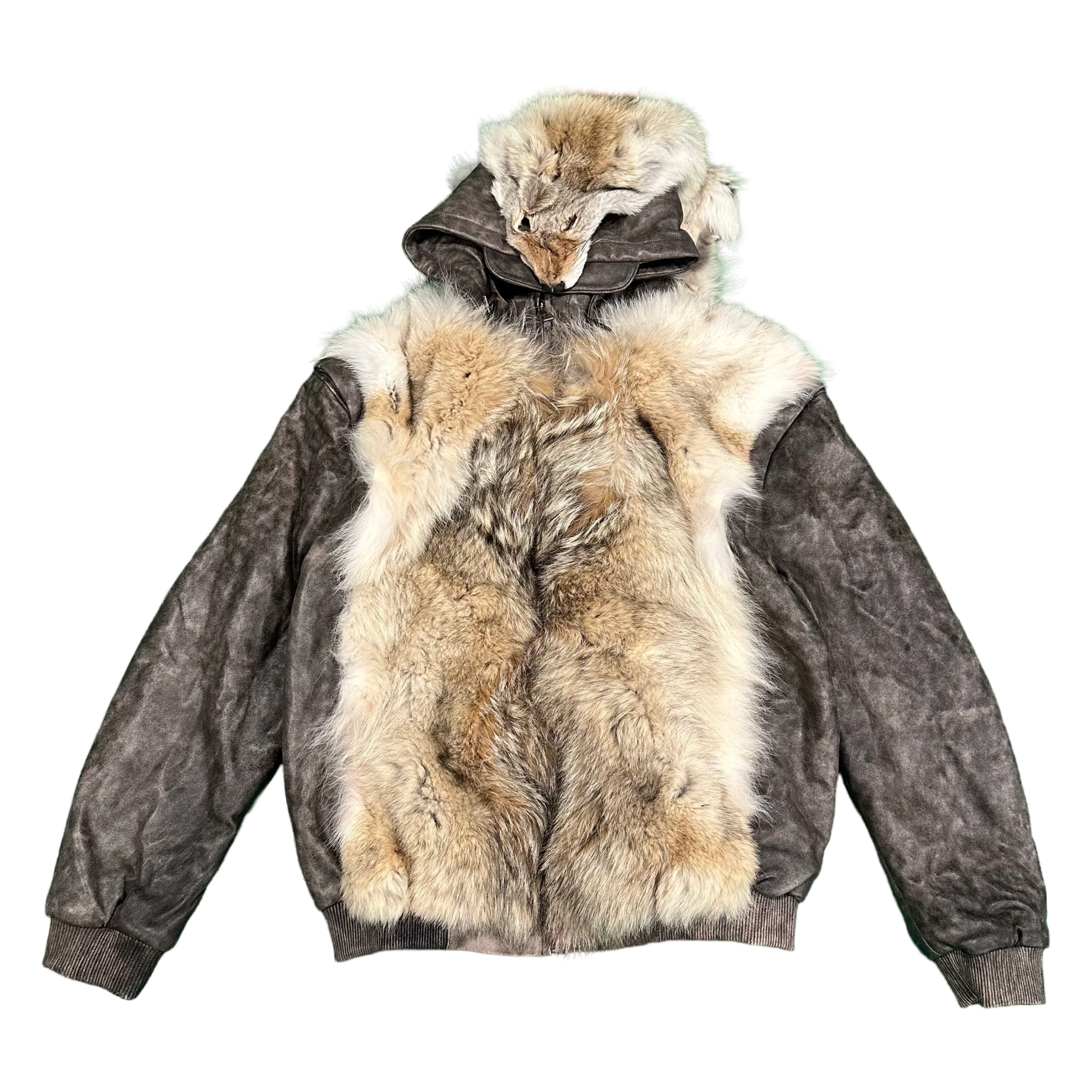 Kashani Coyote Head Fur Grey Distressed Leather Jacket w/ Detachable Sleeve