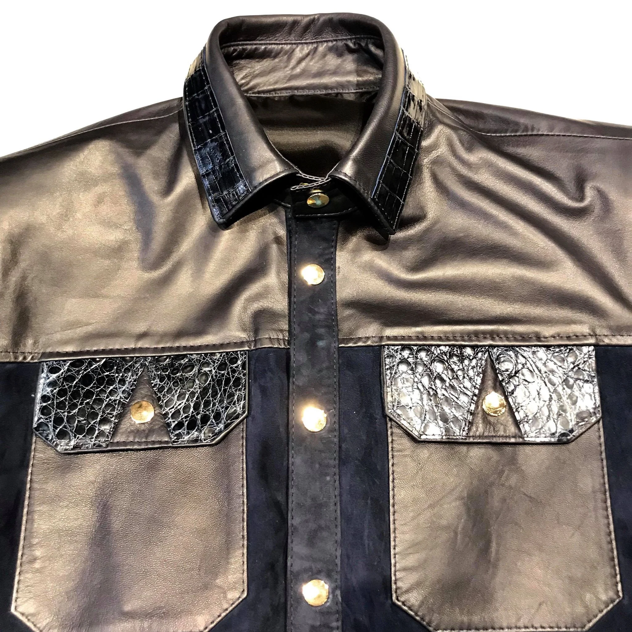 Kashani Deep Navy Crocodile Suede Button Up Shirt - Image 4