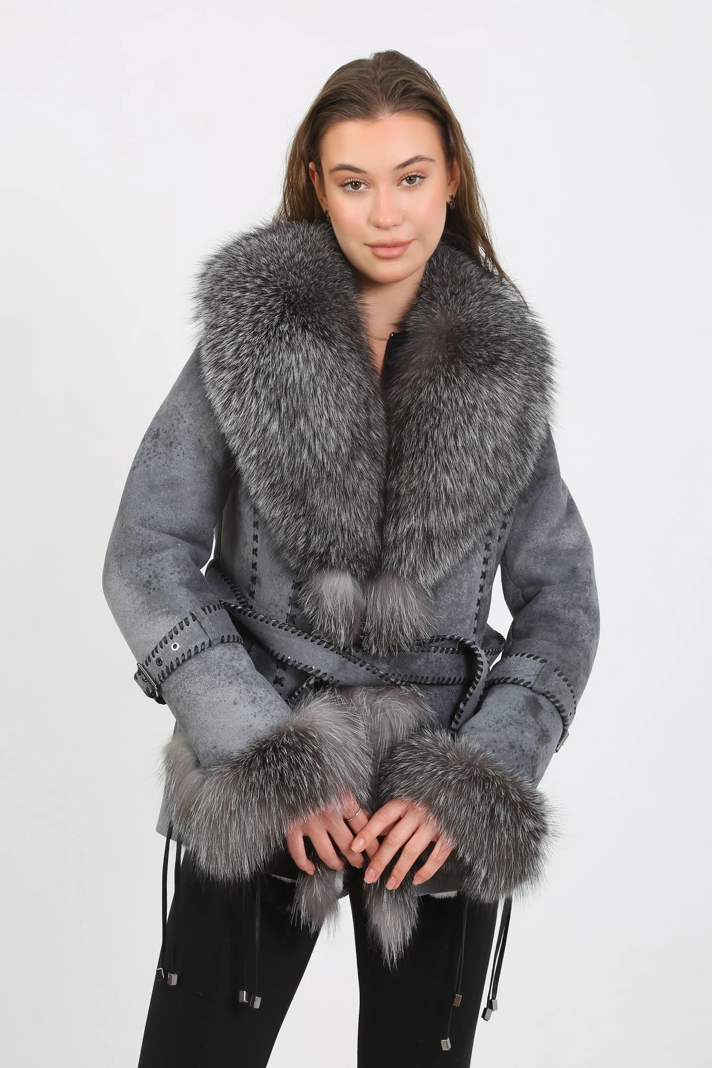 Kashani Grey Distressed Leather Jacket with Fox Fur Collar & Cuffs