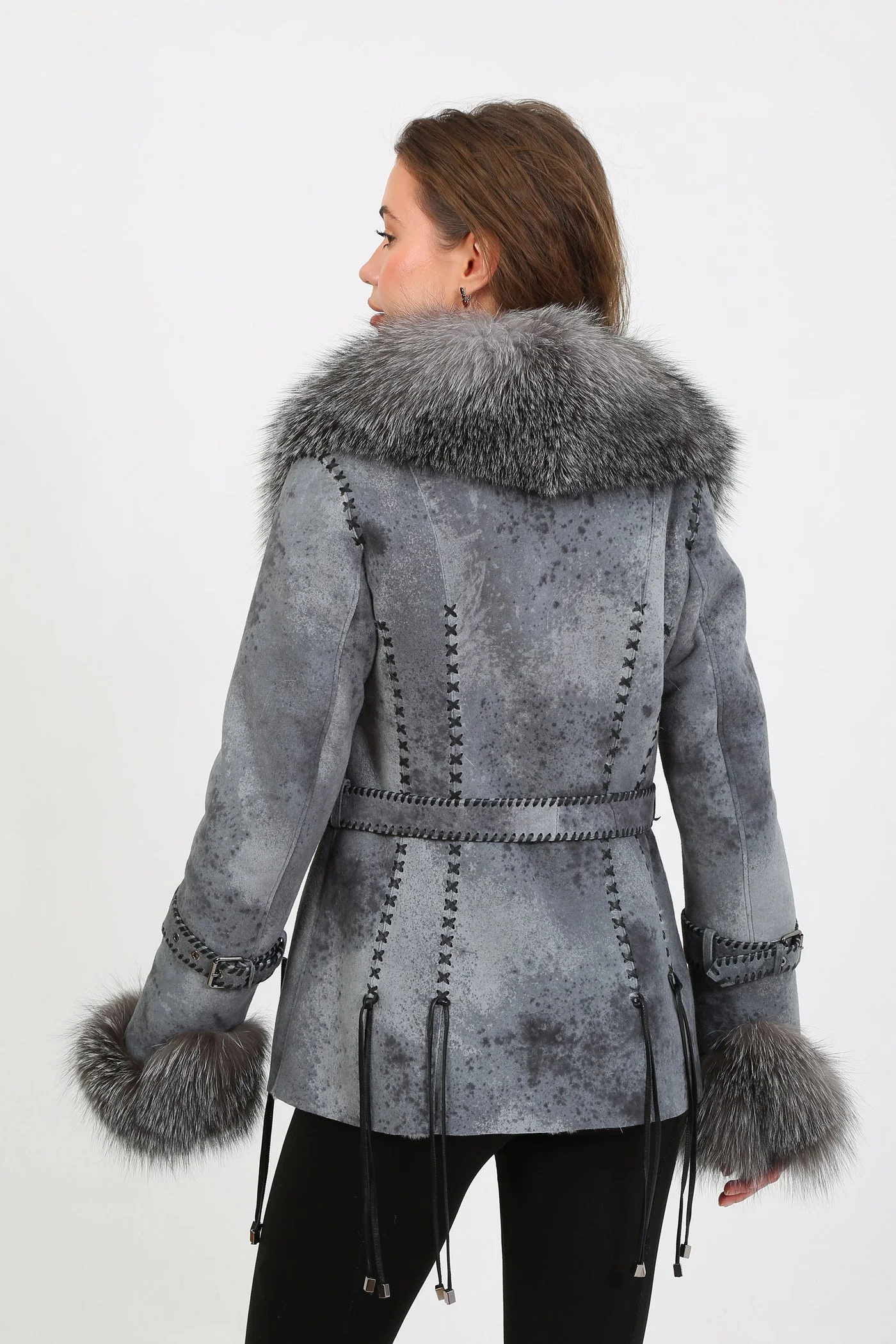 Kashani Grey Distressed Leather Jacket with Fox Fur Collar & Cuffs - Image 5