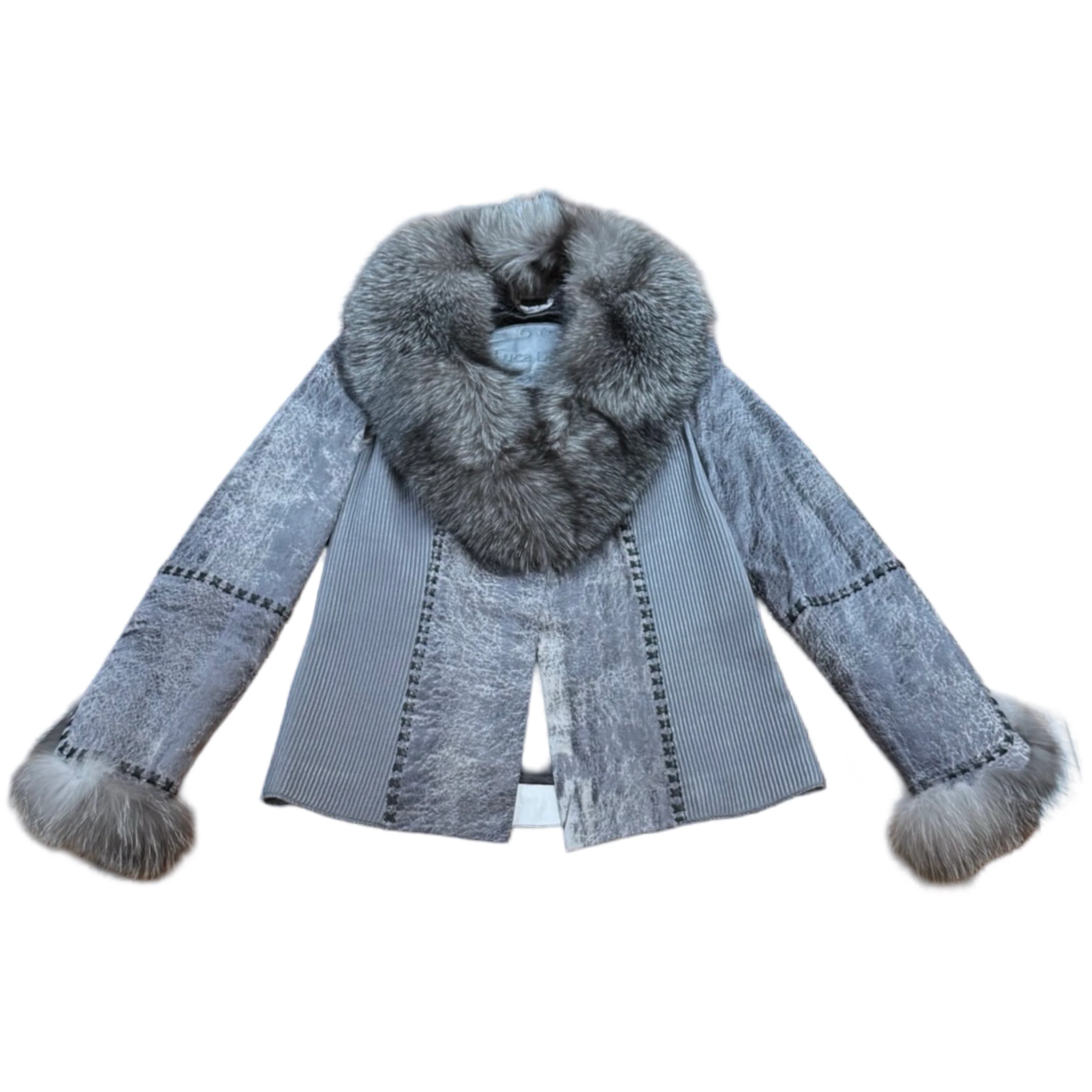 Kashani Grey Distressed Leather Jacket with Fox Fur Collar & Cuffs - Image 6