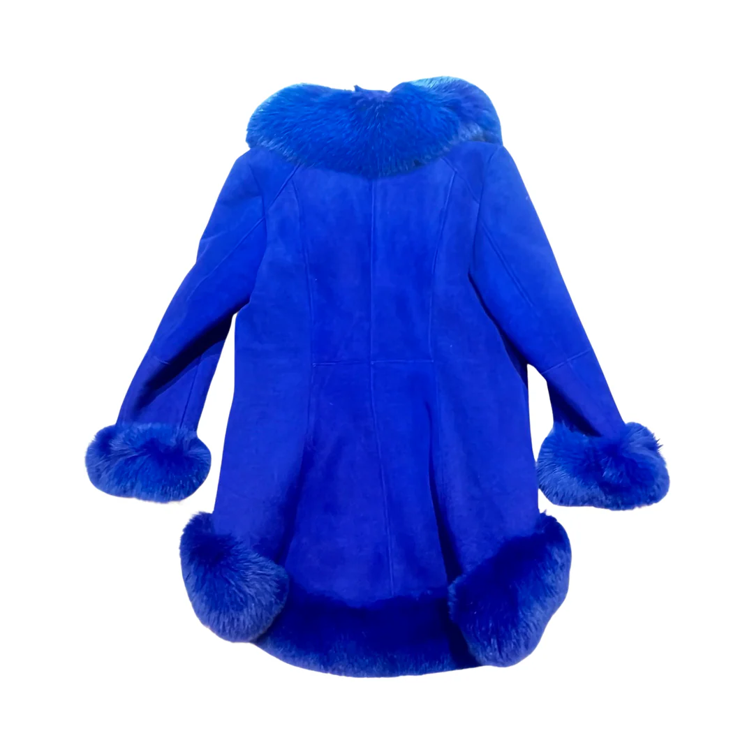 Kashani Ladies Blue Fox Cropped Long Trench Shearling Coat - Image 2