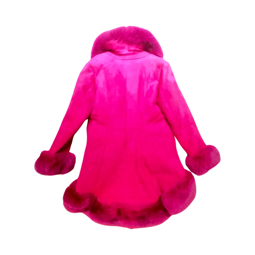 Kashani Ladies Pink Fox Cropped Long Trench Shearling Coat - Image 2