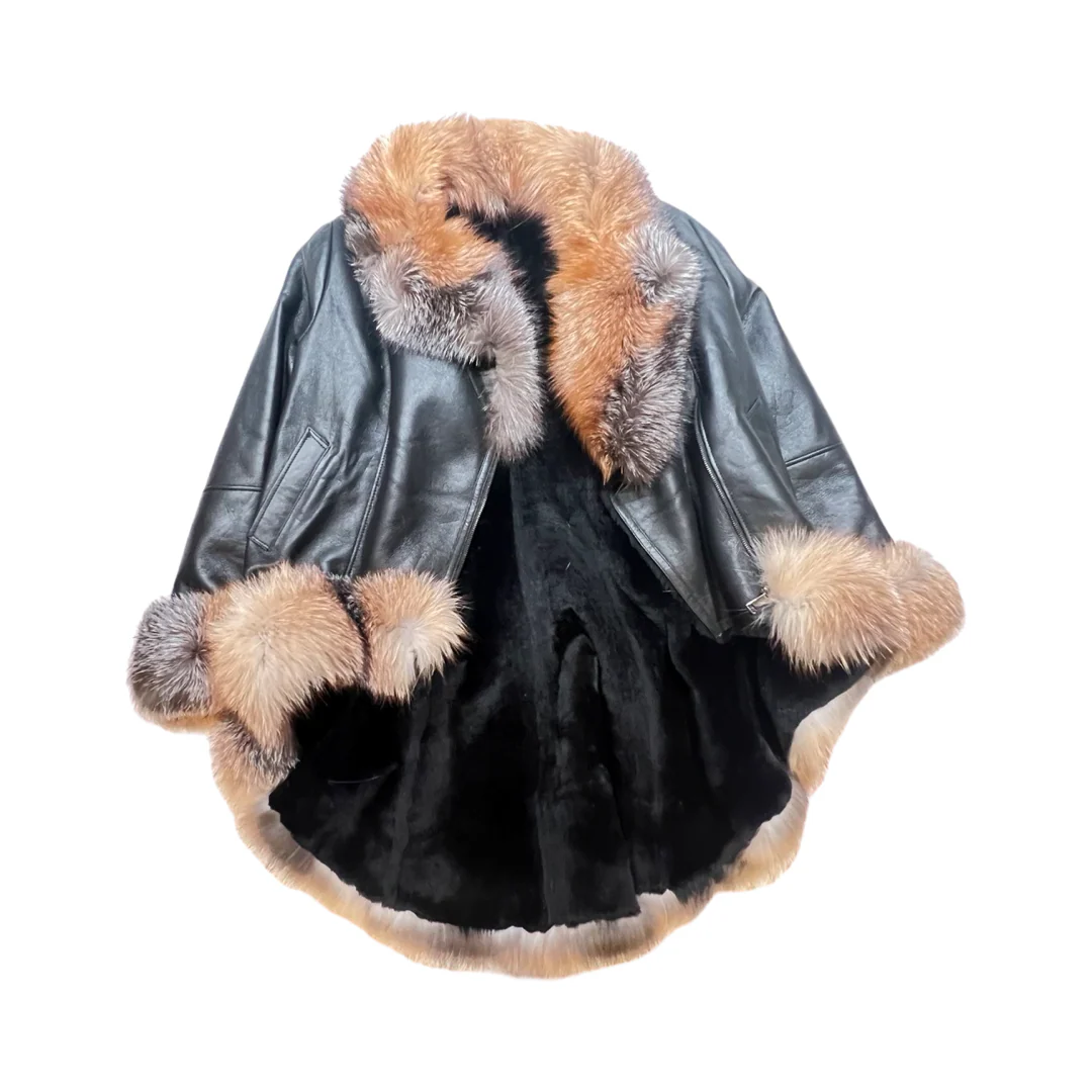 Kashani Ladies Natural Red Fox Cropped Long Trench Shearling Coat - Image 4