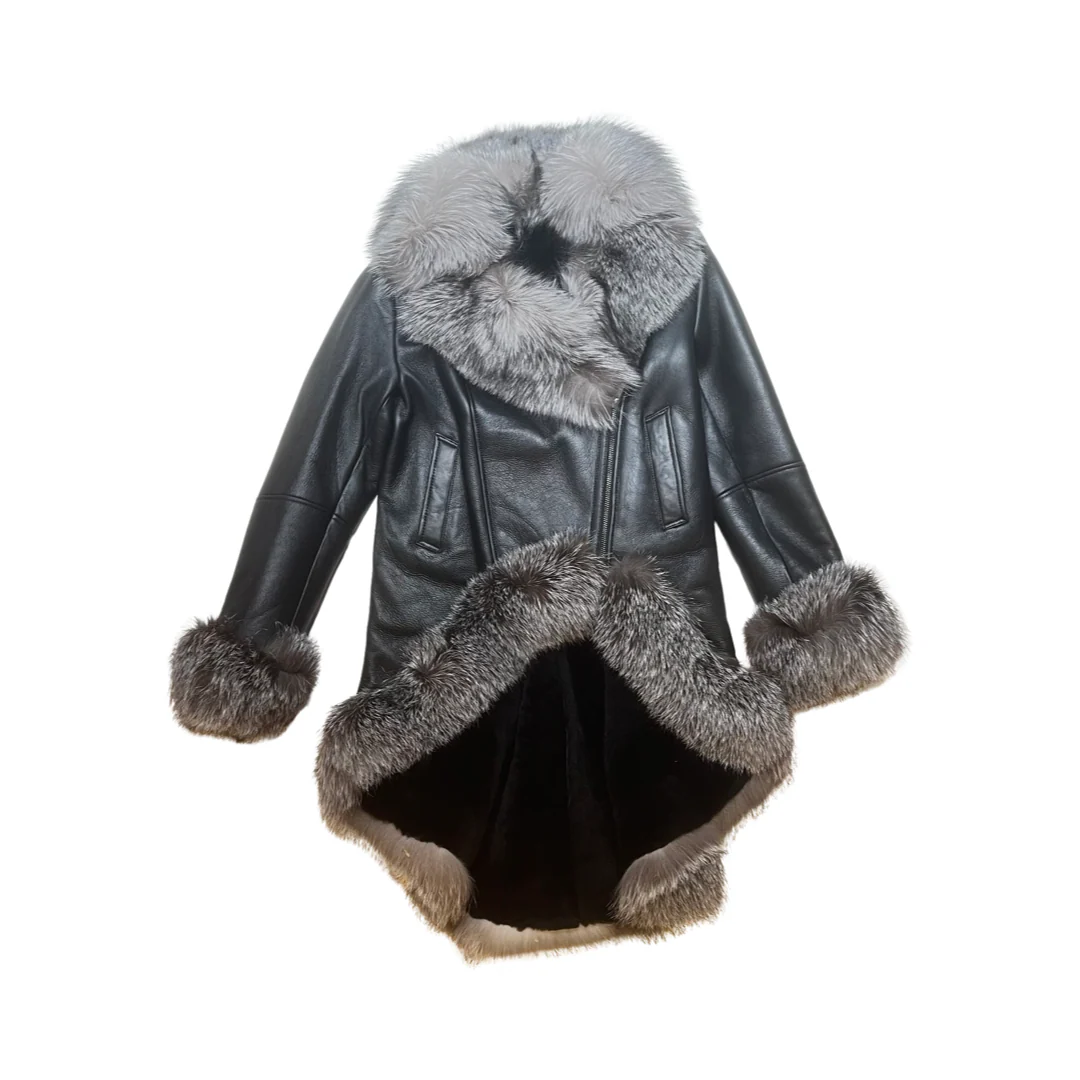Kashani Ladies Silver Fox Cropped Long Trench Shearling Coat