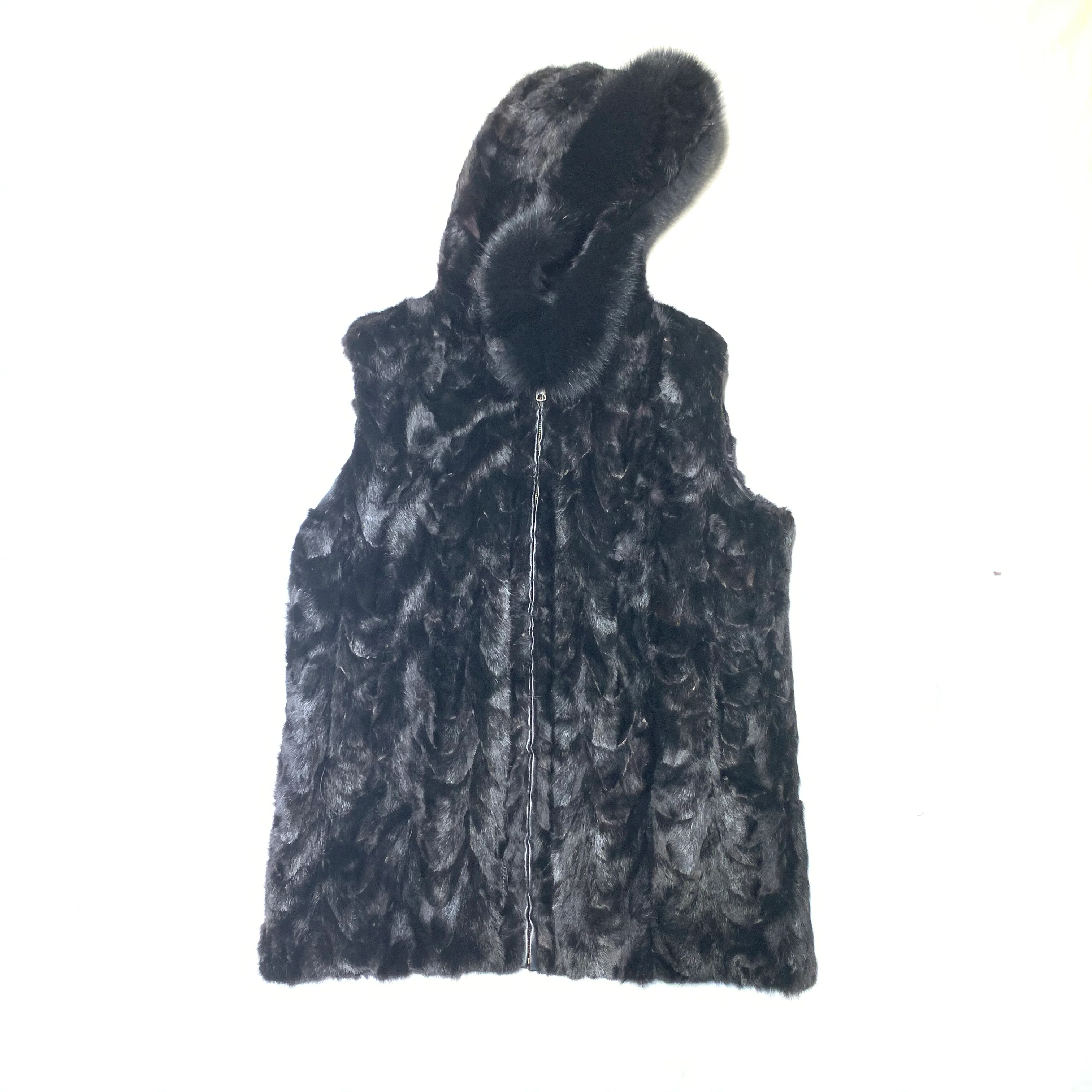 Kashani Men's Black Diamond Cut Mink Fur Fox Hooded Vest - Image 2