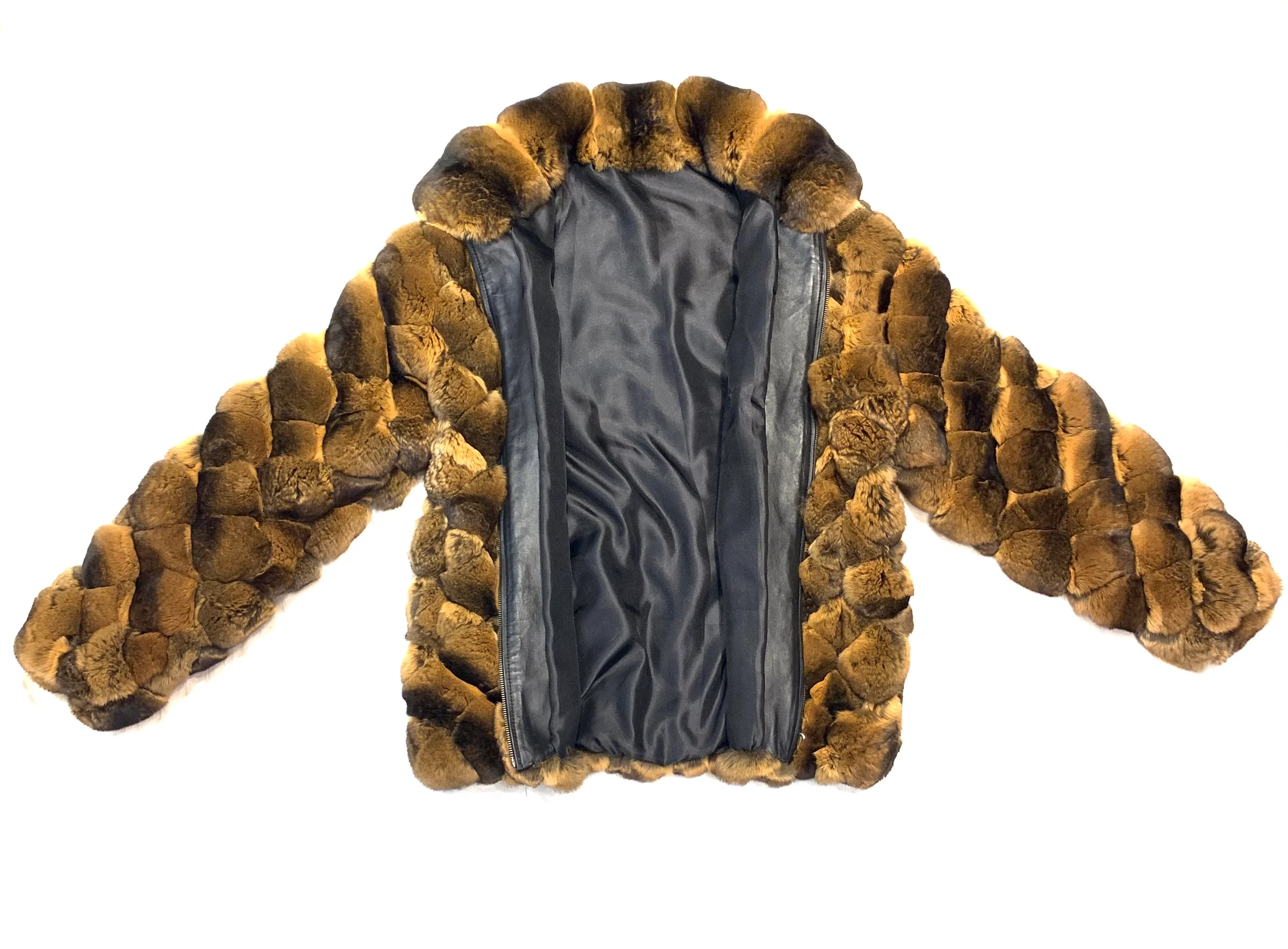 Kashani Men's Cognac Diamond Cut Full Chinchilla Coat - Image 3