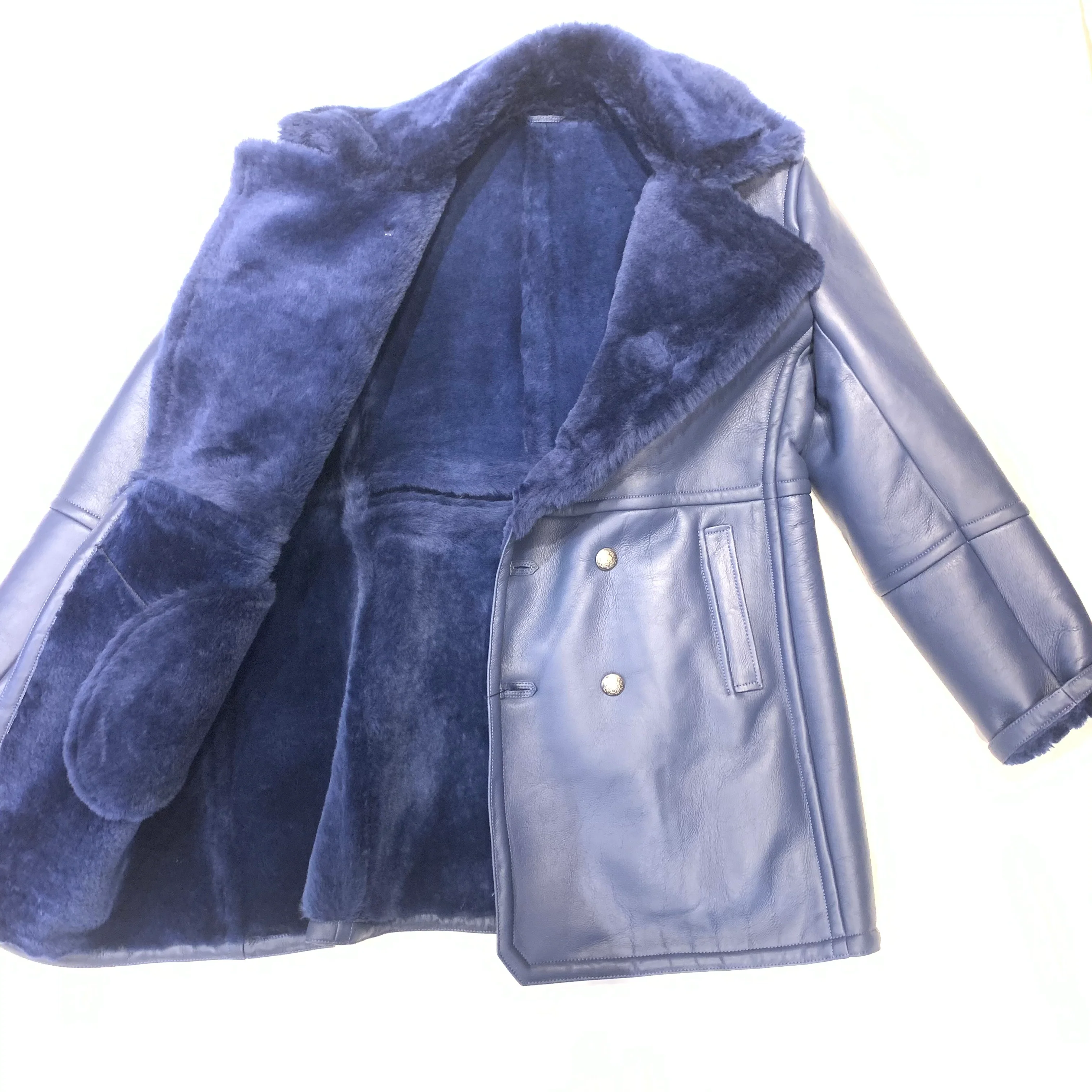 Kashani Men's Navy Blue Double-Breasted 3/4 Shearling Coat - Image 3