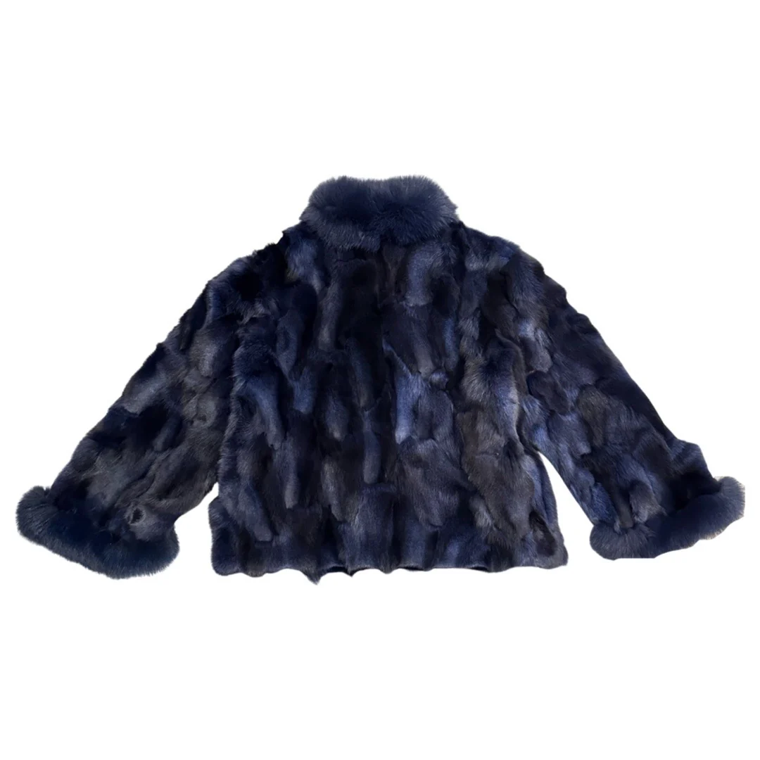 Kashani Ladies Navy Blue Diamond Cut Fox Fur Coat - Image 3