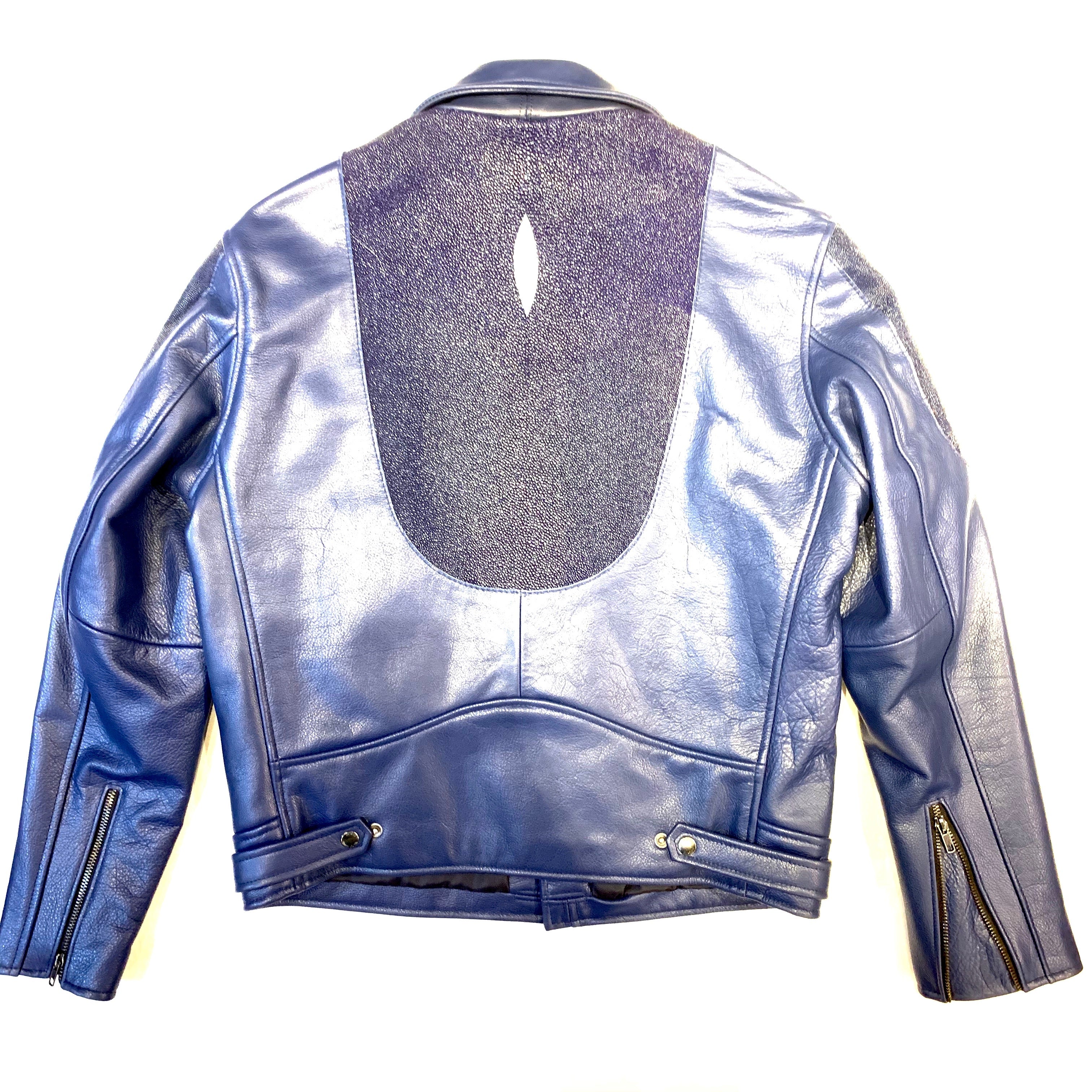 Kashani Men's Navy Blue Stingray/Leather Biker Jacket - Image 2