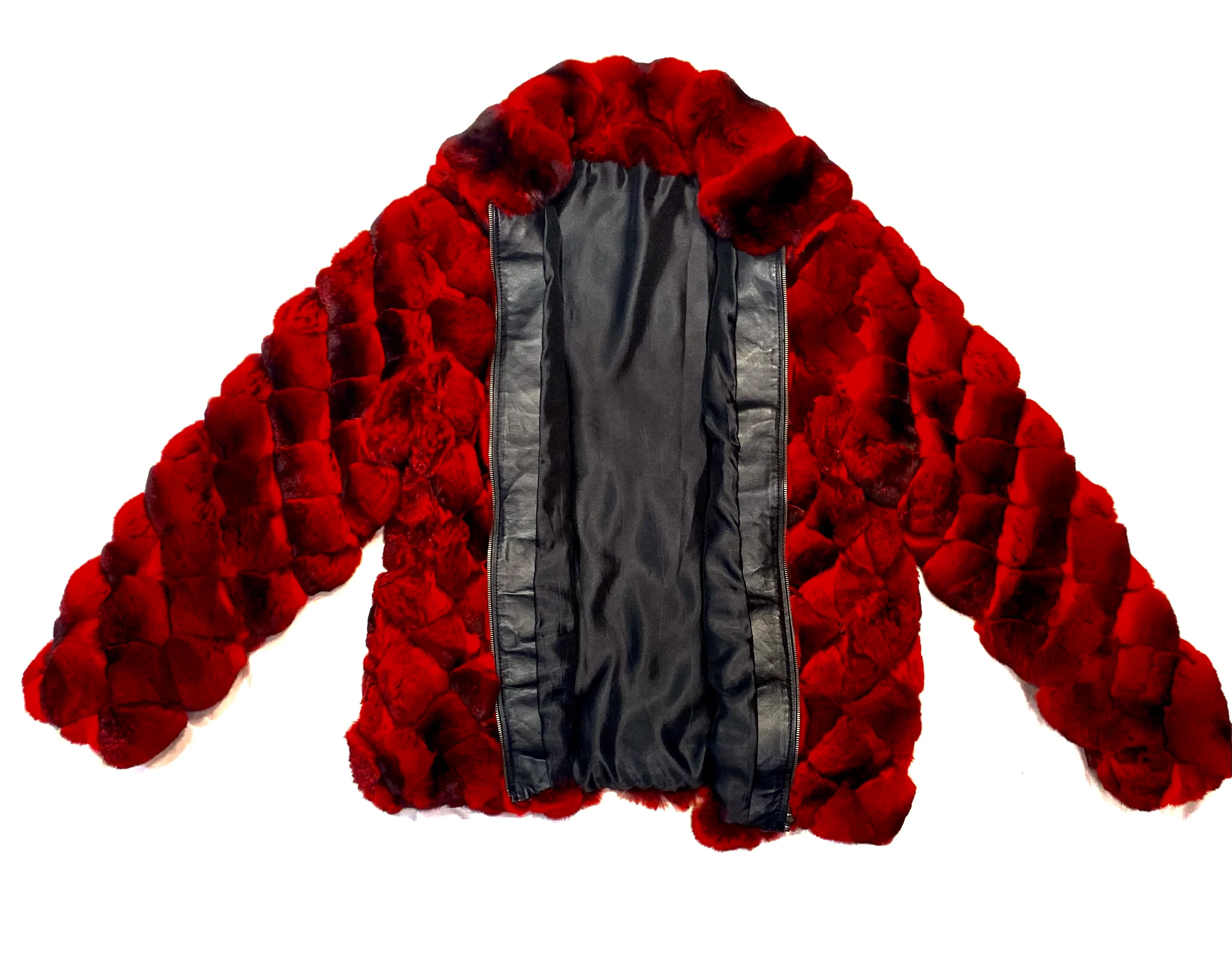 Kashani Men's Red Black Diamond Cut Full Chinchilla Coat - Image 3