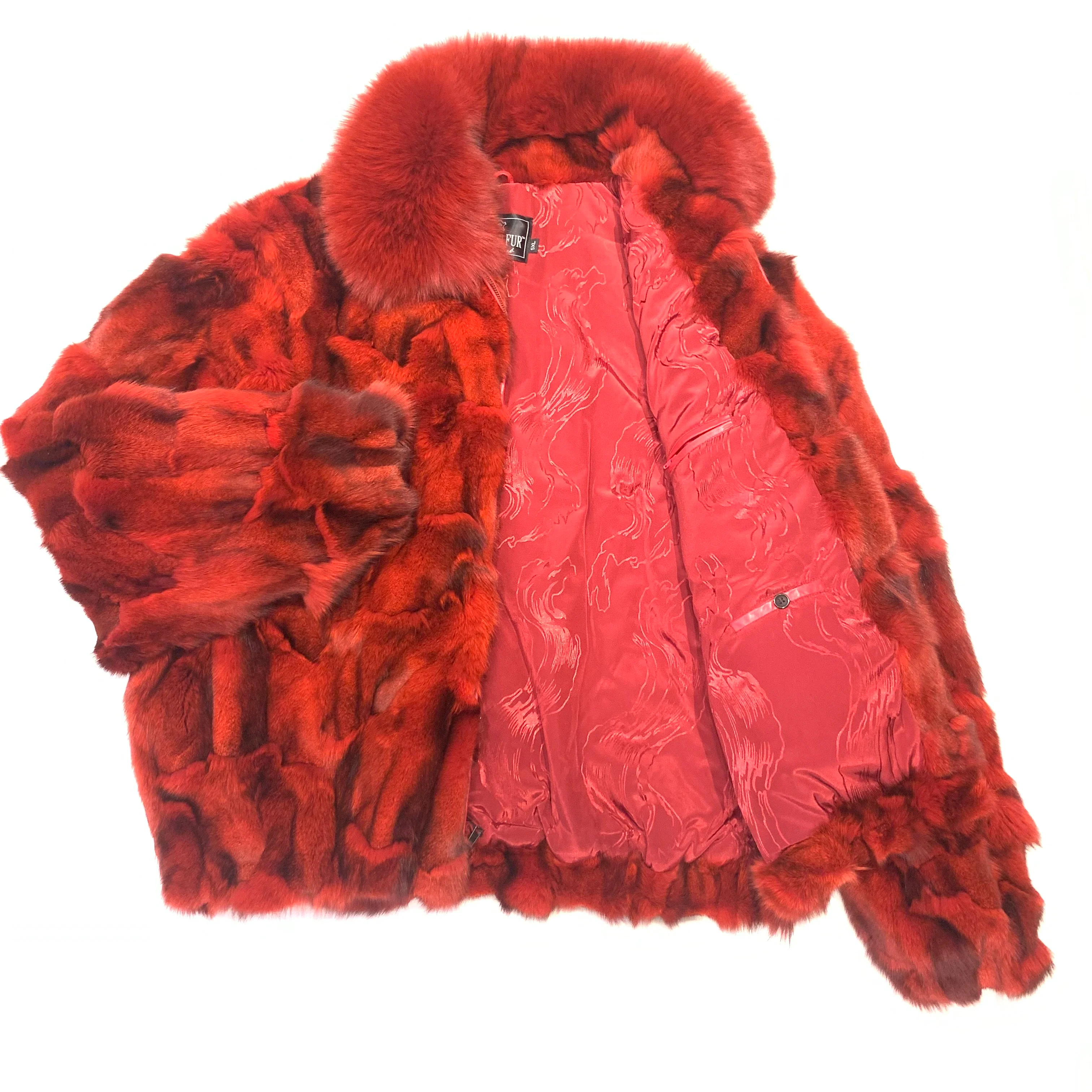 Kashani Men's Red Full Fox Fur Bomber Coat - Image 4