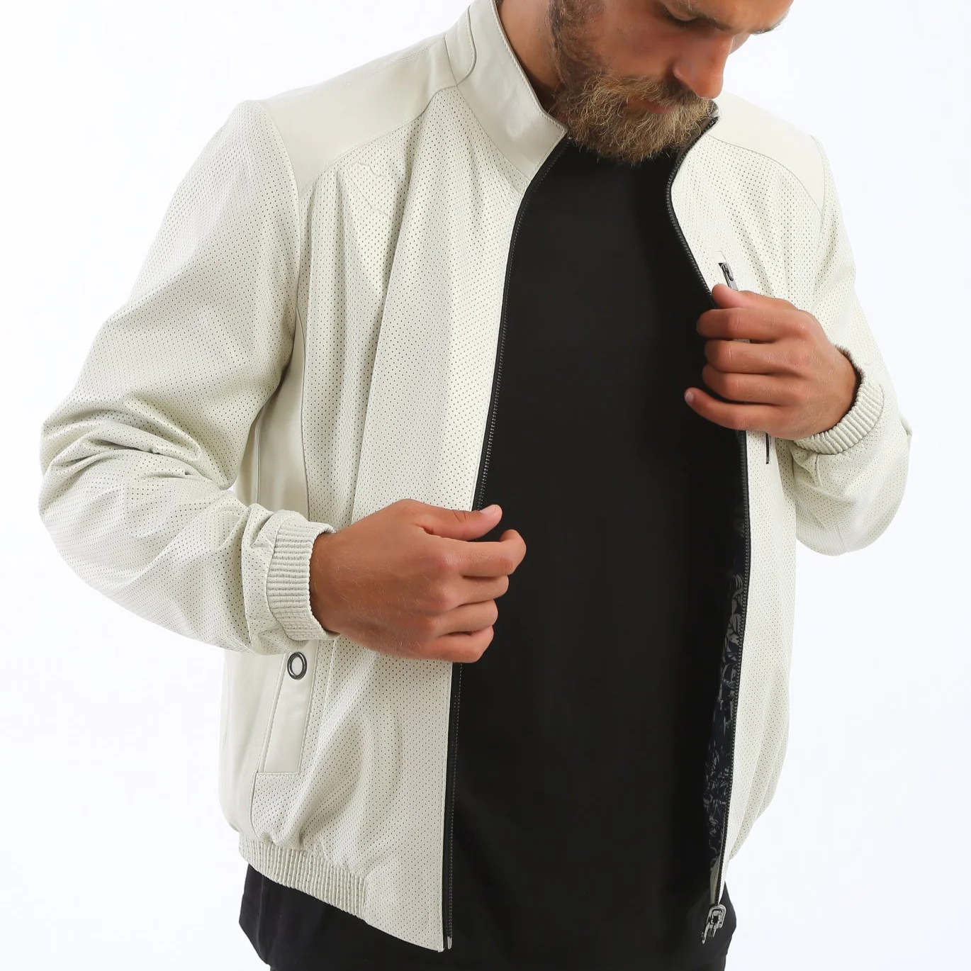 Kashani Men's Reversible Perforated Leather & Printed Bomber Jacket - White & Navy - Image 4