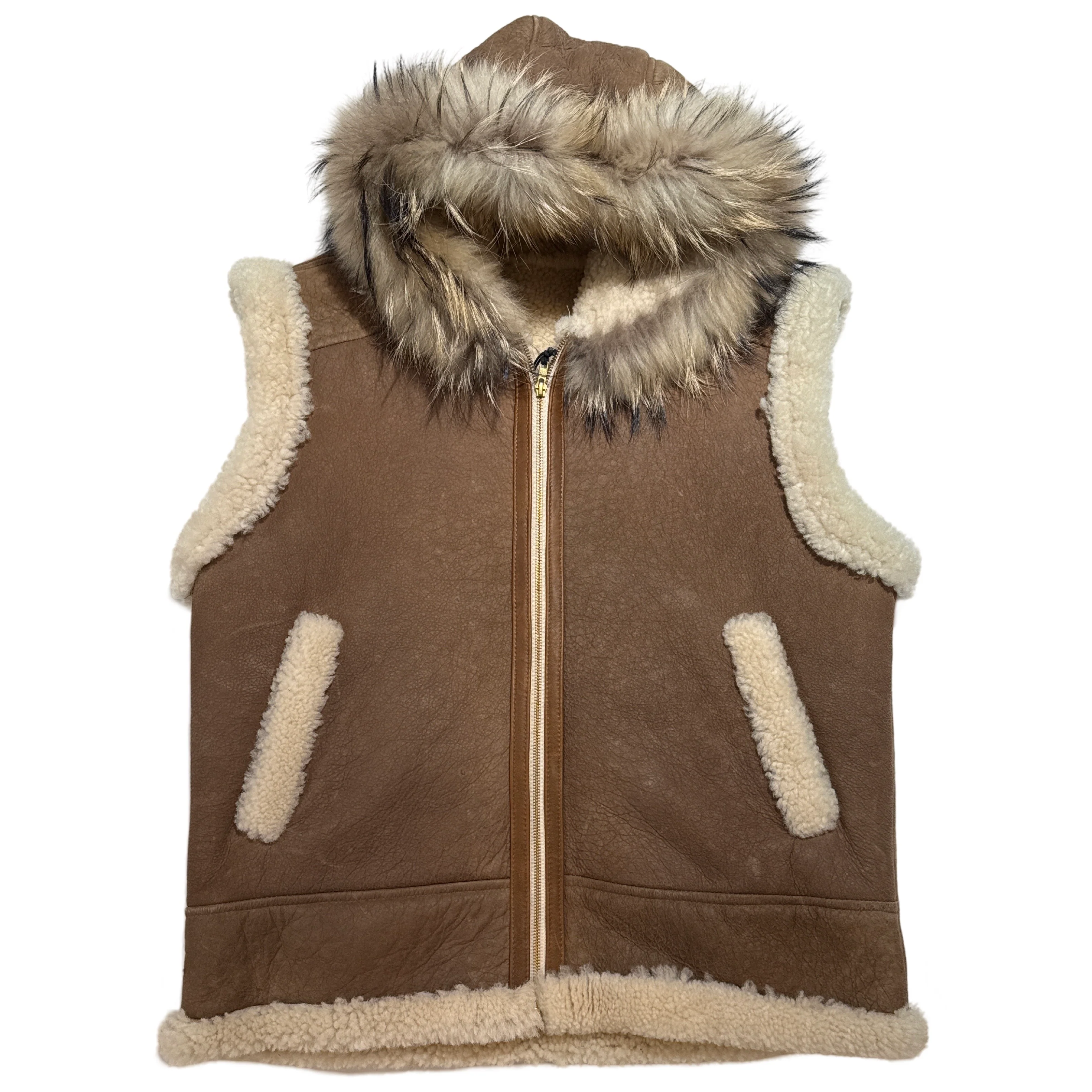 Kashani Men's Shearling Vest with Fur-Trimmed Hood – Tan & Cream