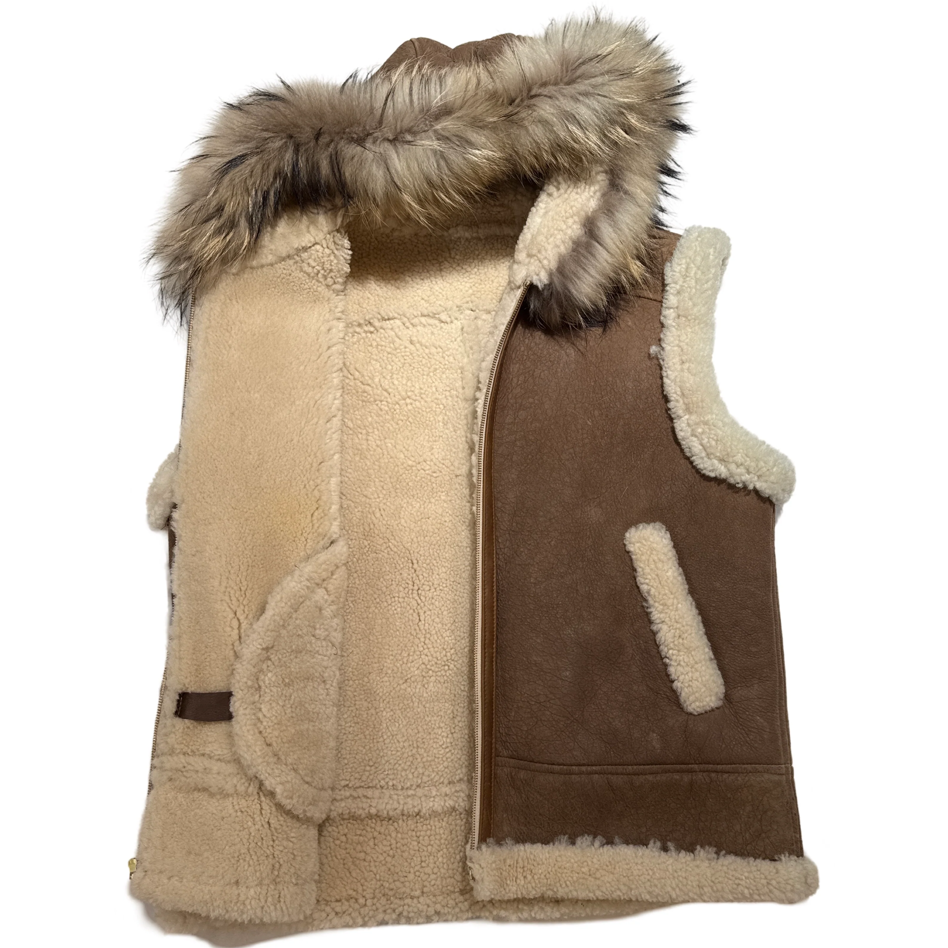 Kashani Men's Shearling Vest with Fur-Trimmed Hood – Tan & Cream - Image 2