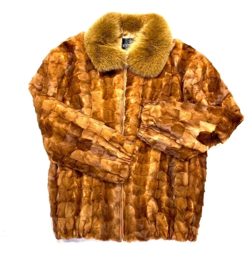 Kashani Men's Whiskey Diamond Cut Mink Fox Collar Coat - Image 2