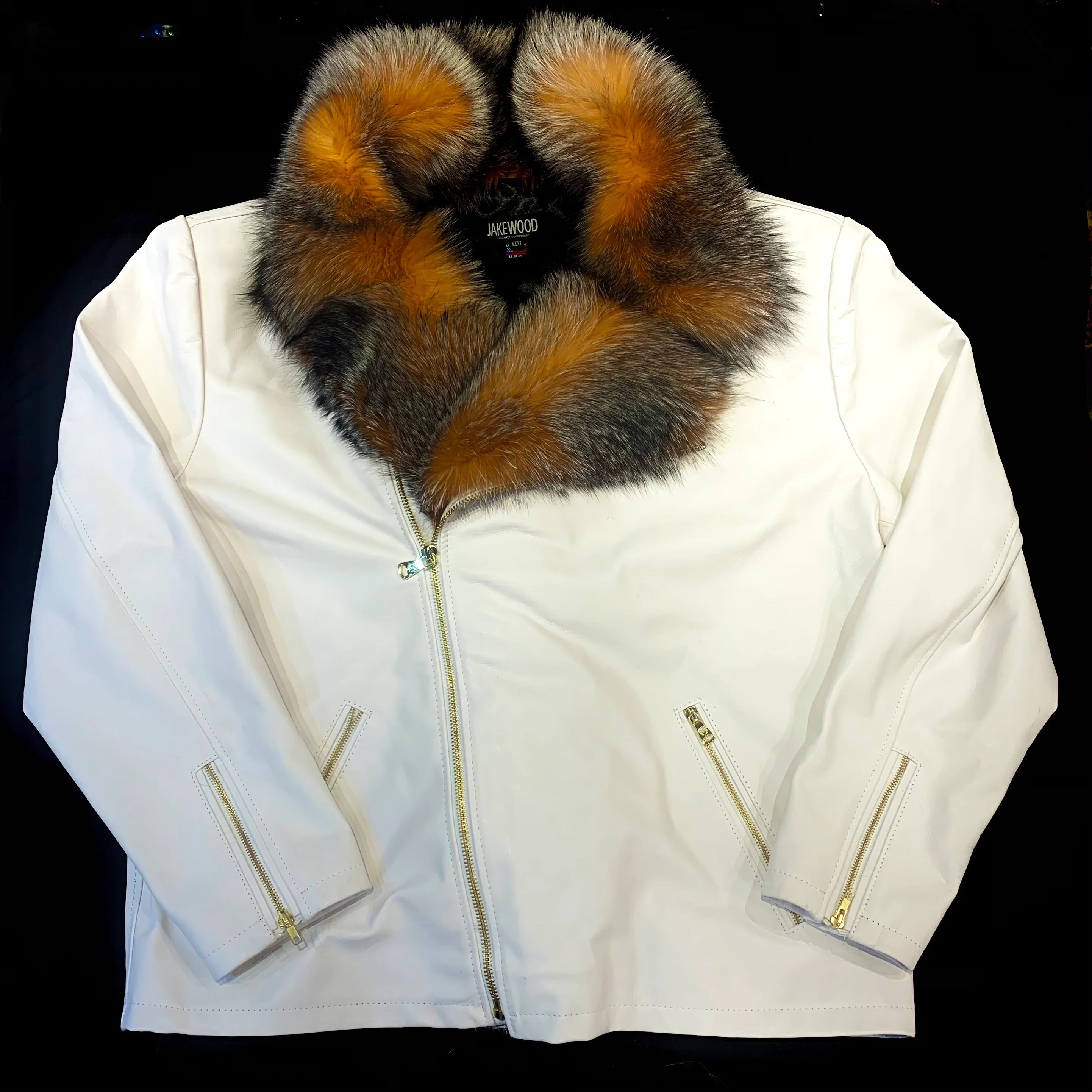 Kashani Men's White Lambskin Red Fox Collar Biker Jacket - Image 3