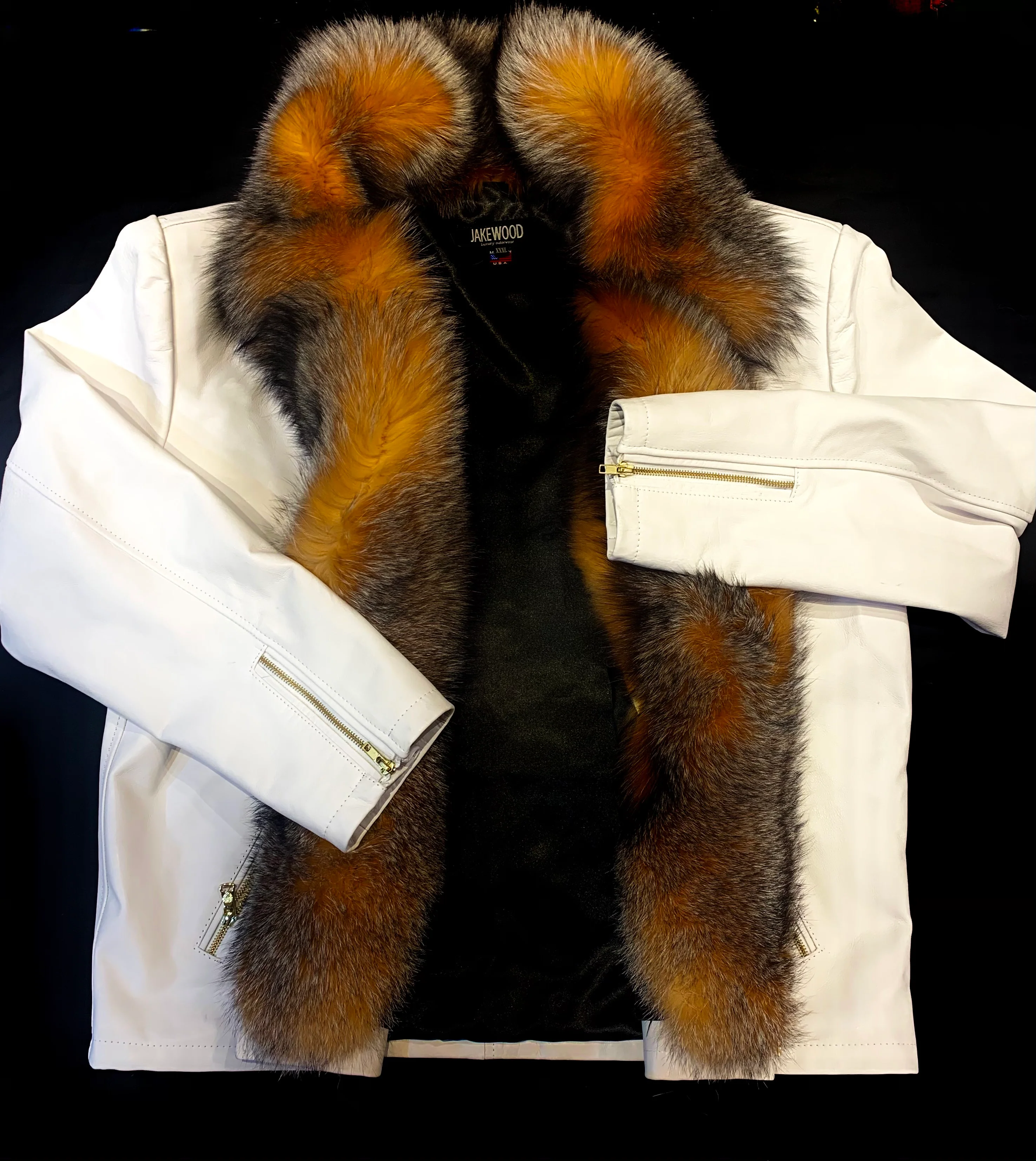 Kashani Men's White Lambskin Red Fox Collar Biker Jacket - Image 8