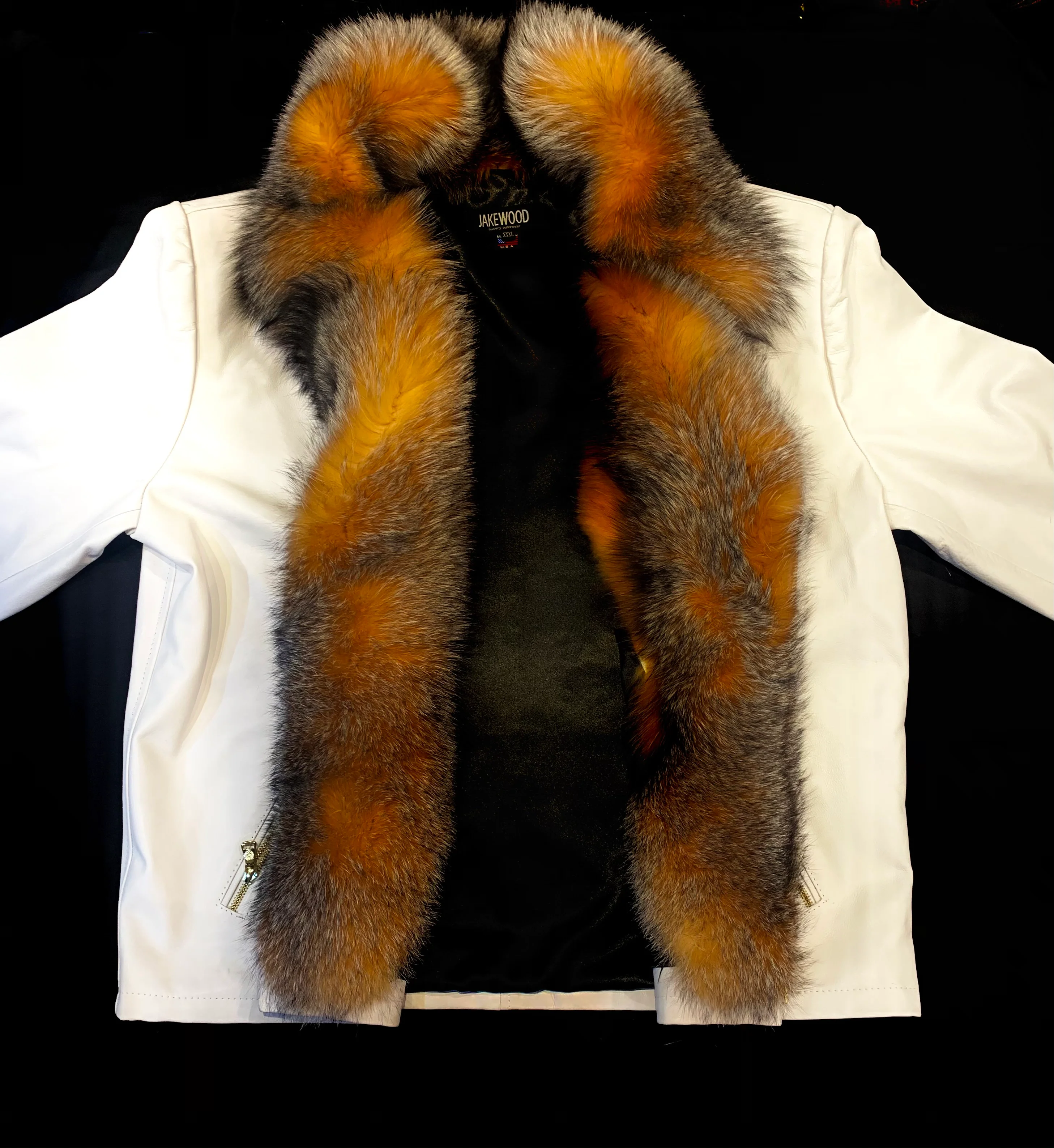 Kashani Men's White Lambskin Red Fox Collar Biker Jacket - Image 9