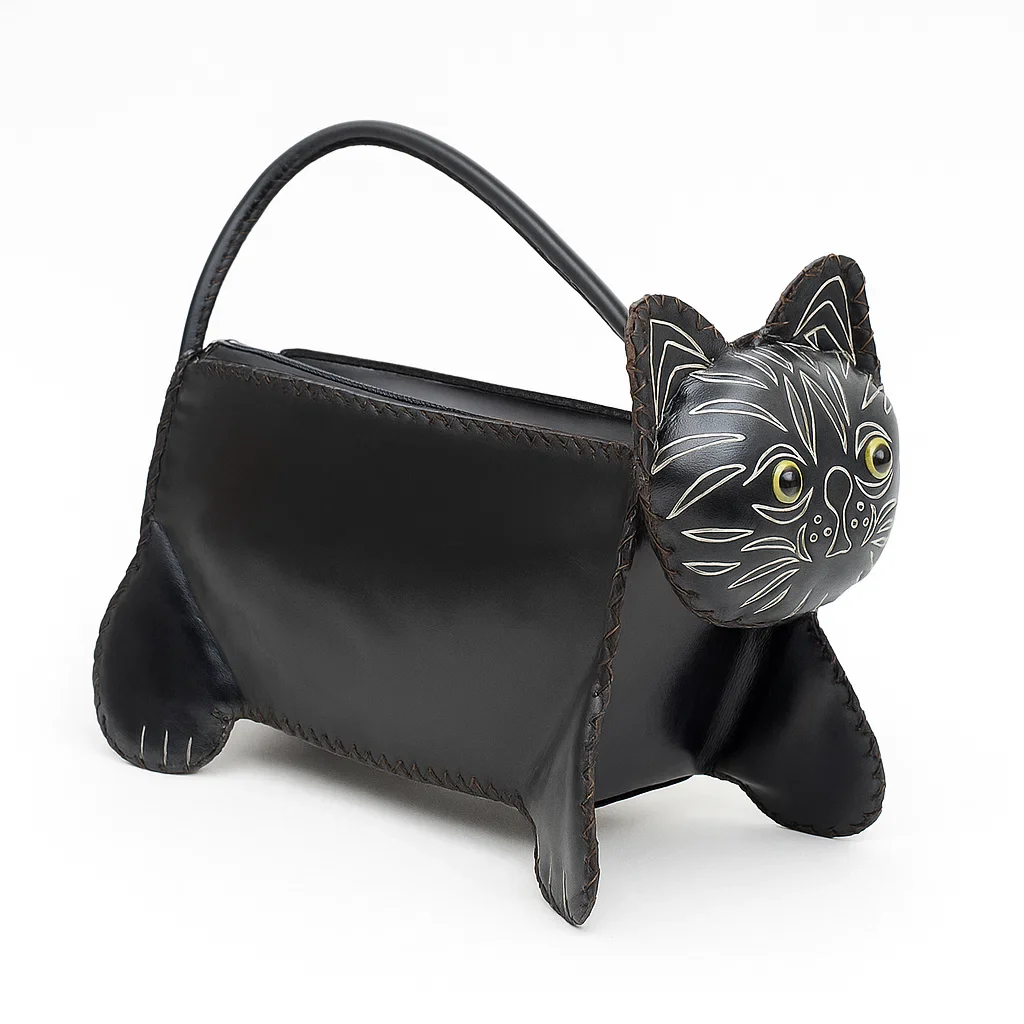 Kashani Mini Handcrafted Black Leather Cat Bag