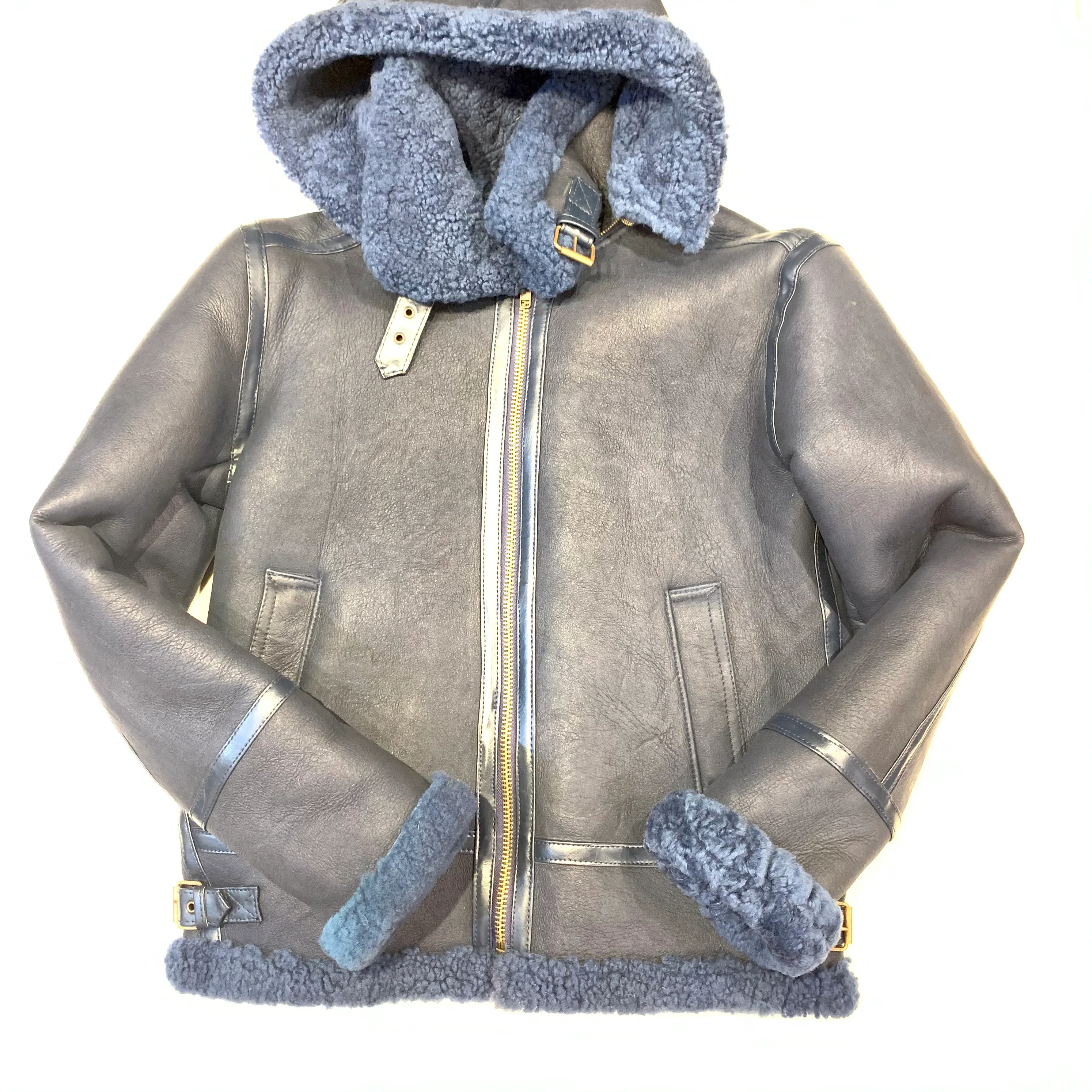 Kashani Navy Blue Hooded Shearling Coat - Image 2