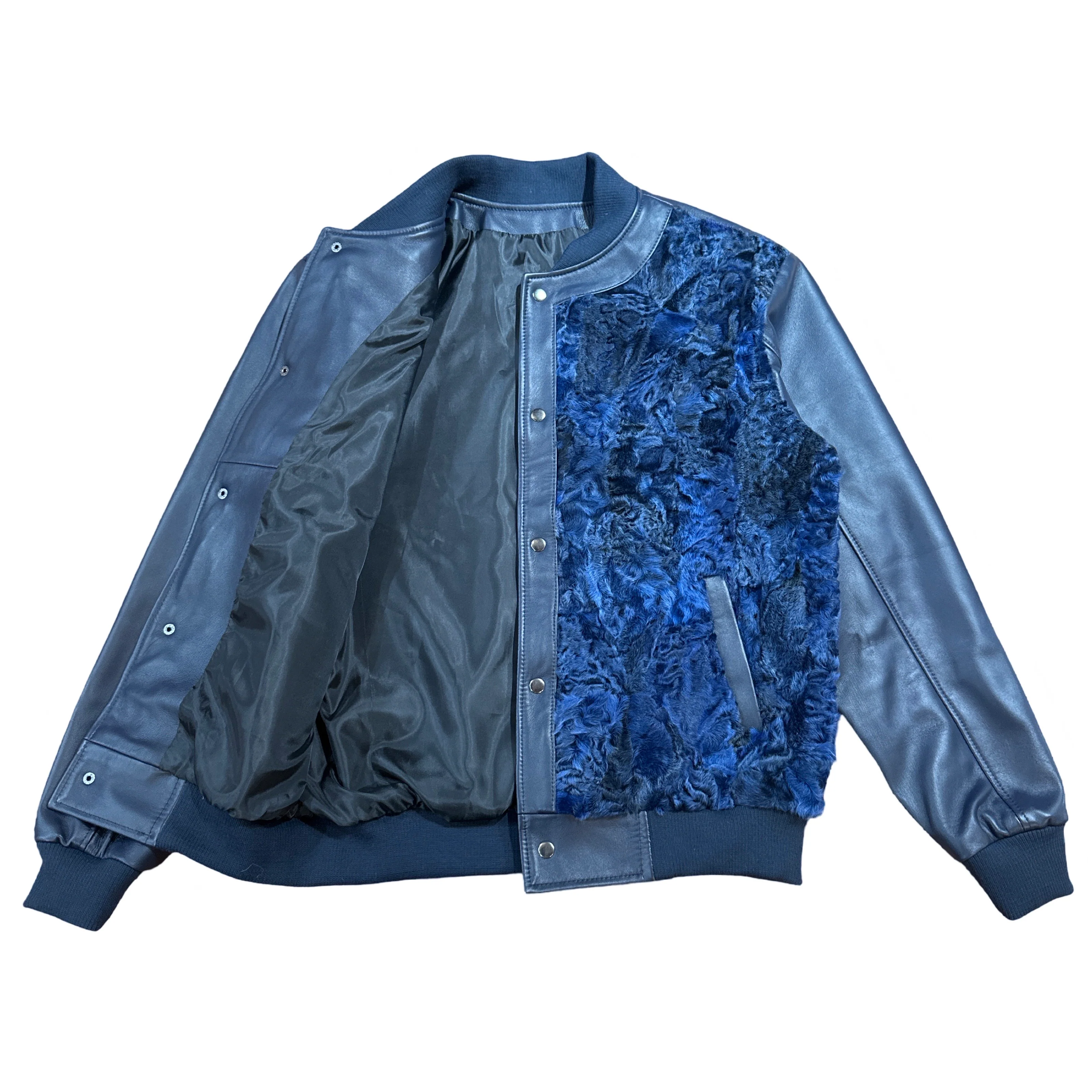 Kashani Navy Blue Persian Lamb Leather Bomber Jacket - Image 2