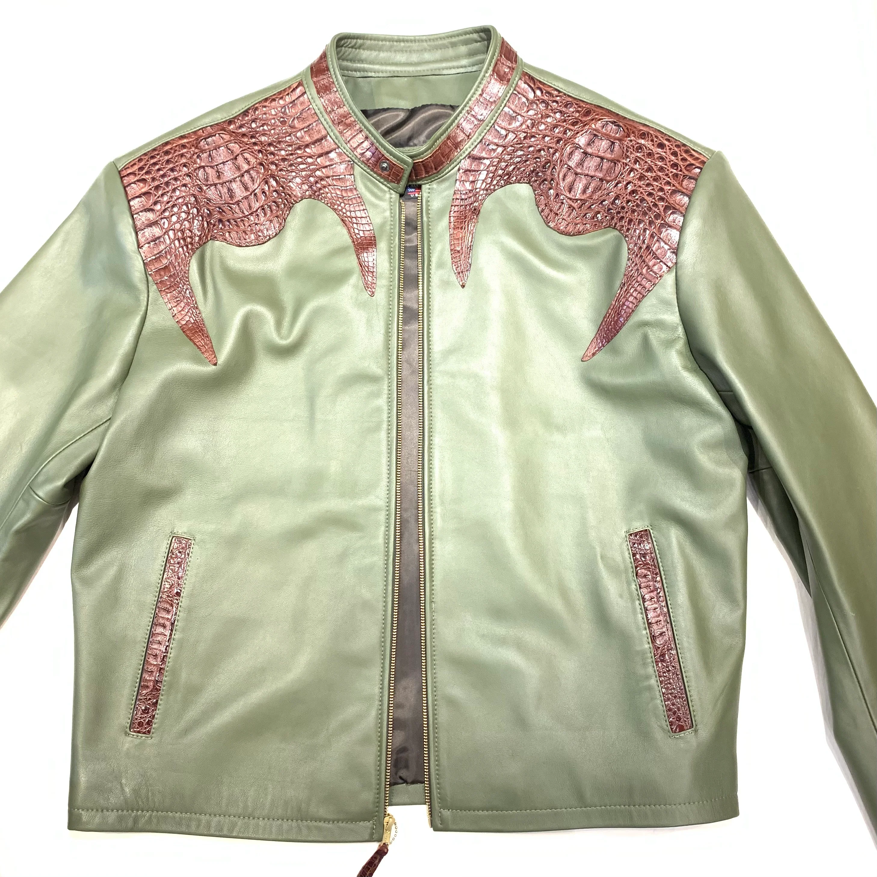 Kashani Olive Chocolate Alligator Bomber Jacket - Image 5