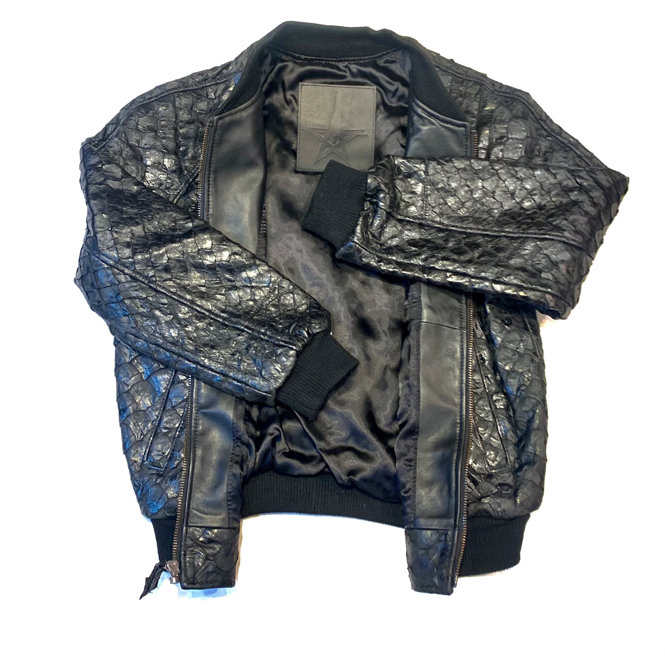 Kashani Genuine Pirarucu Fish Black Bomber Jacket - Image 4