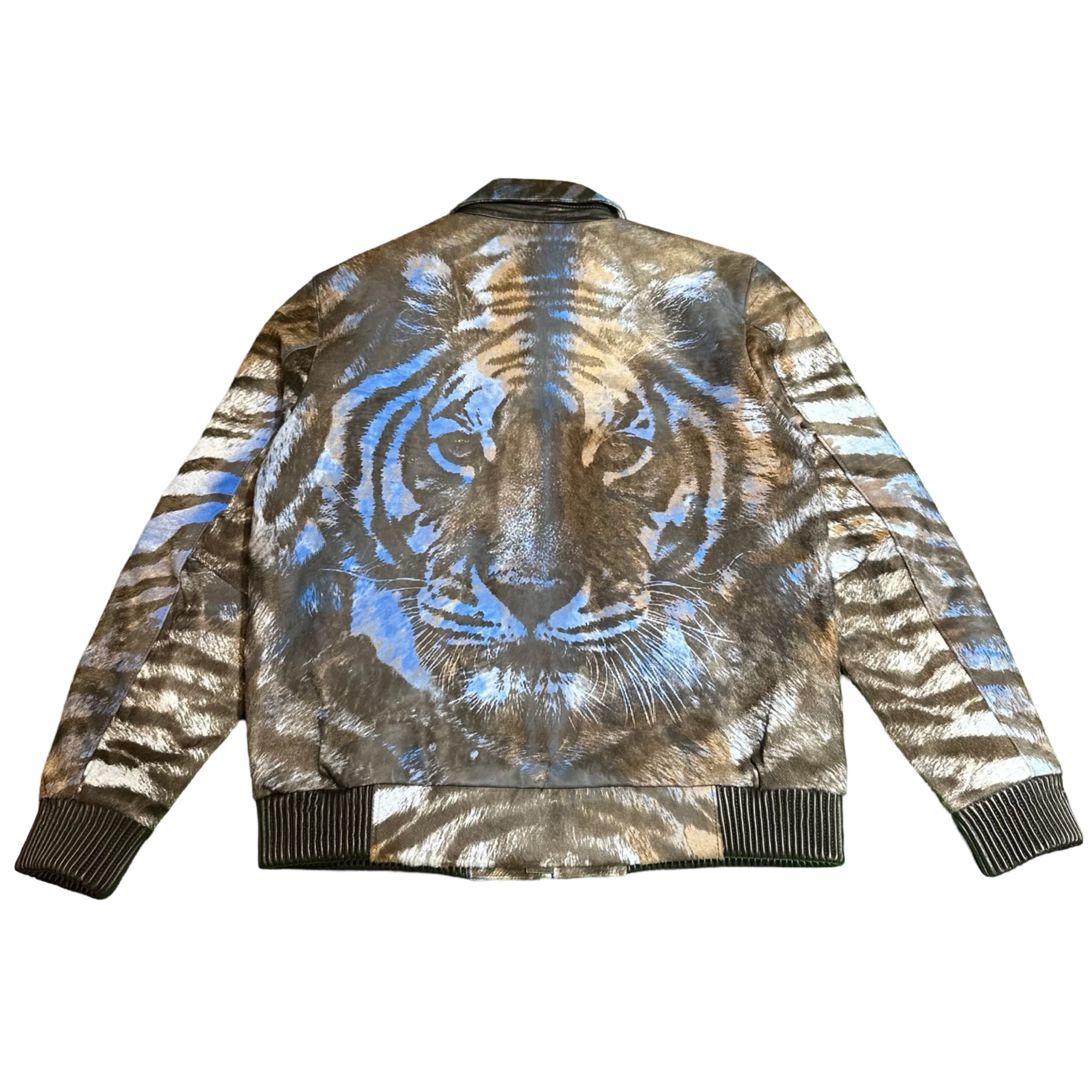 Kashani Royal Blue Pony Hair / Fox Fur Tiger Motif Bomber Jacket - Image 2
