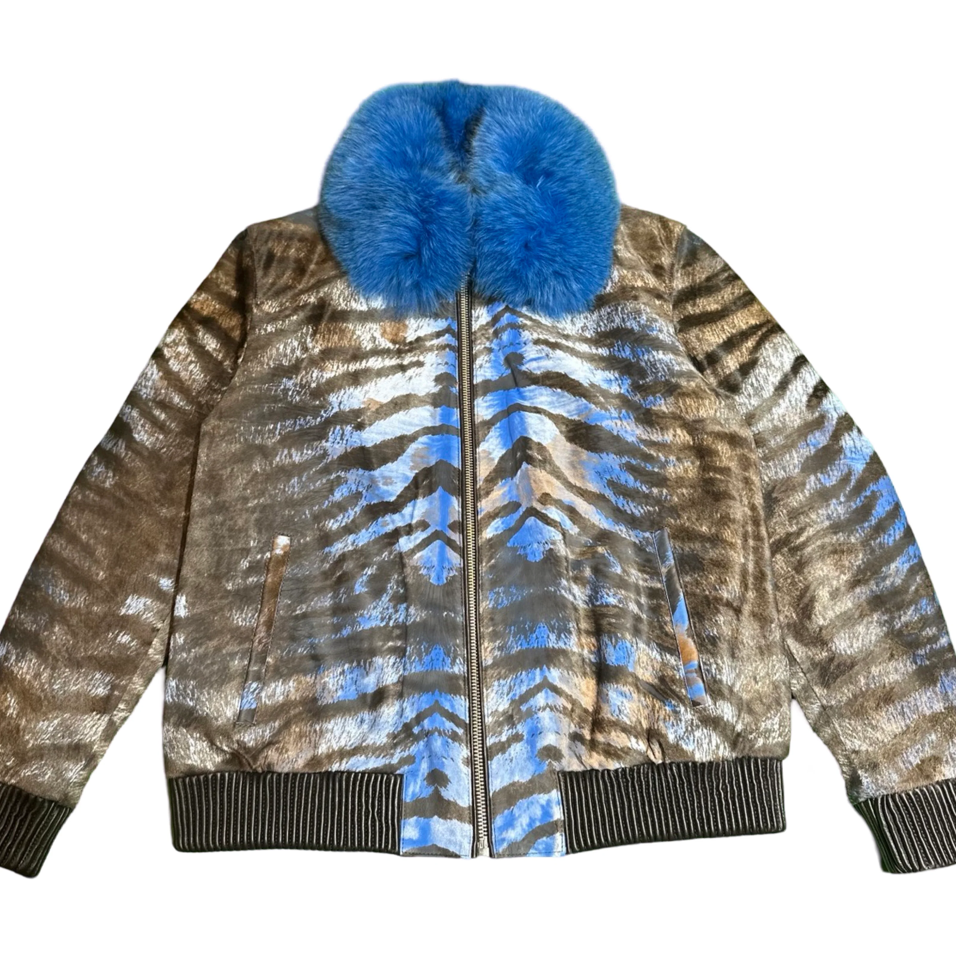 Kashani Royal Blue Pony Hair / Fox Fur Tiger Motif Bomber Jacket - Image 4
