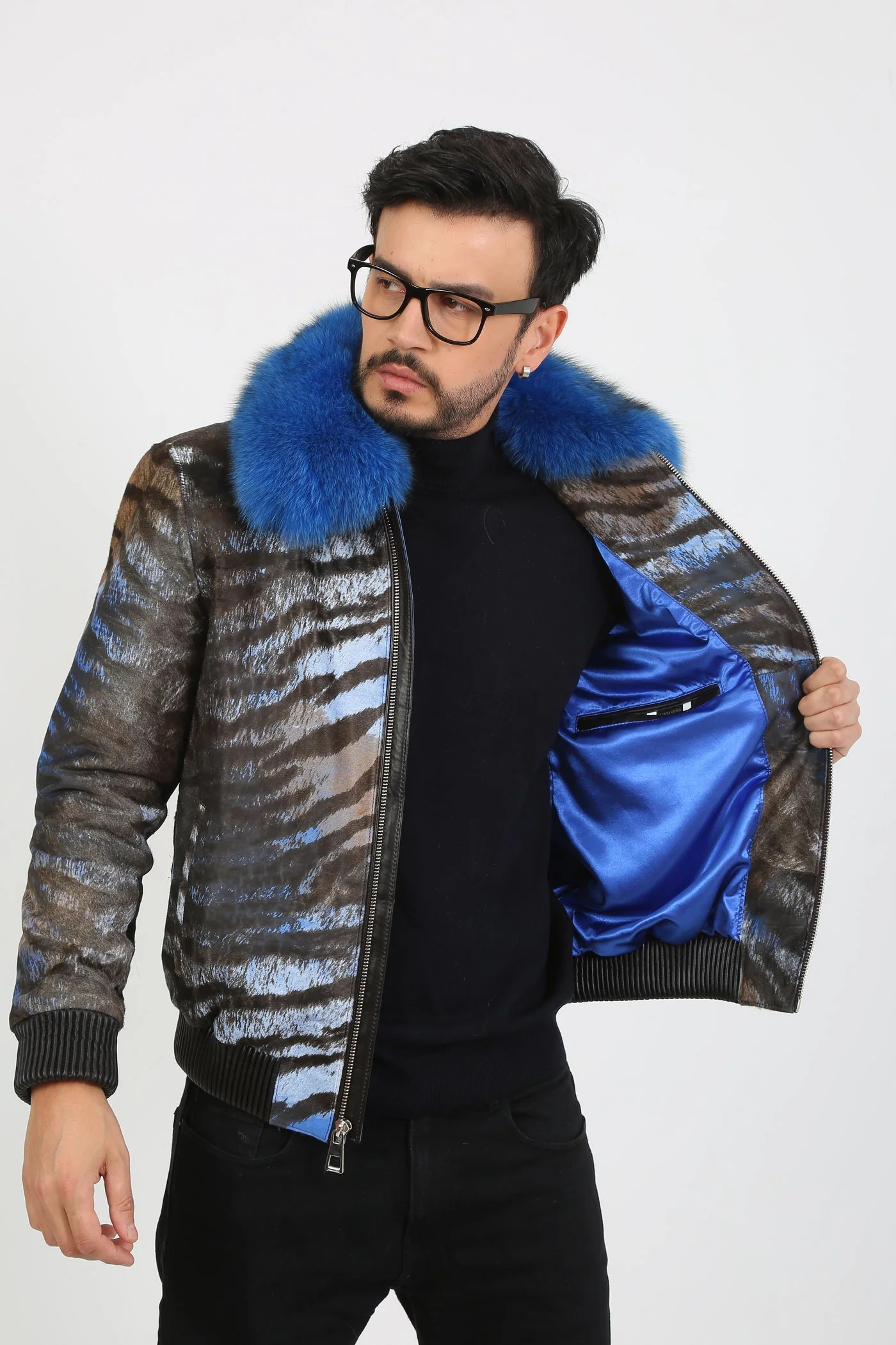 Kashani Royal Blue Pony Hair / Fox Fur Tiger Motif Bomber Jacket - Image 8