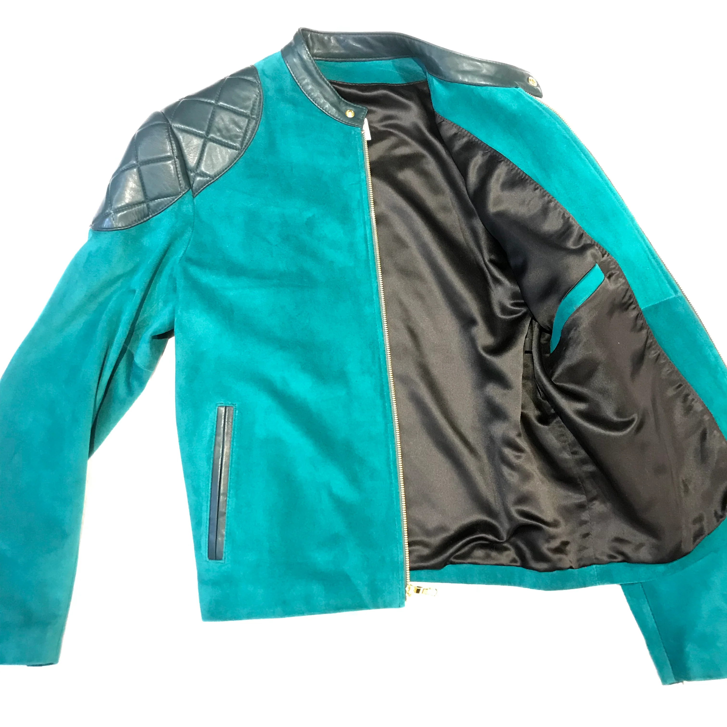 Kashani Turquoise Suede Chinese Collar Biker Jacket - Image 5