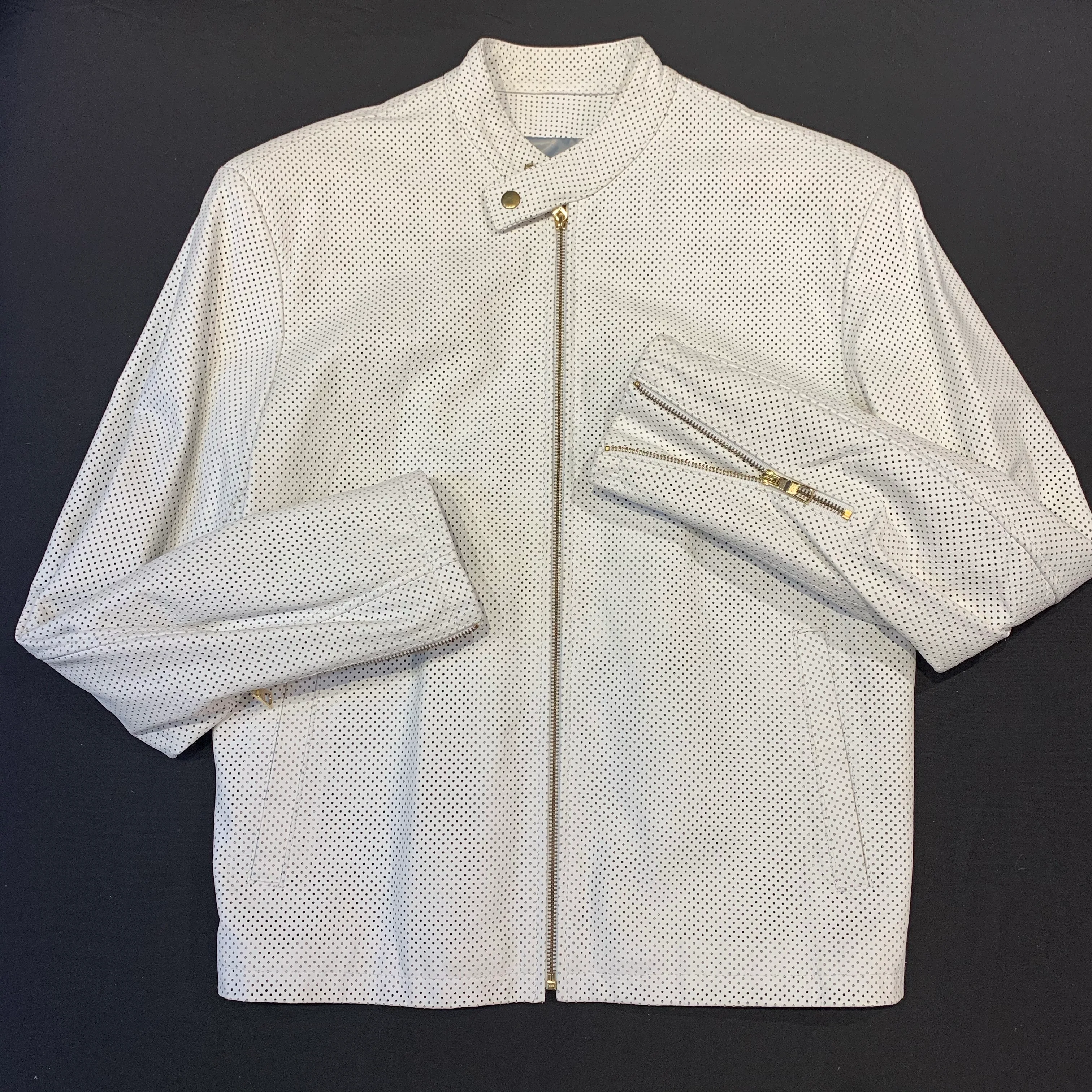 Kashani White Perforated Lambskin Chinese Collar Biker Jacket - Image 3