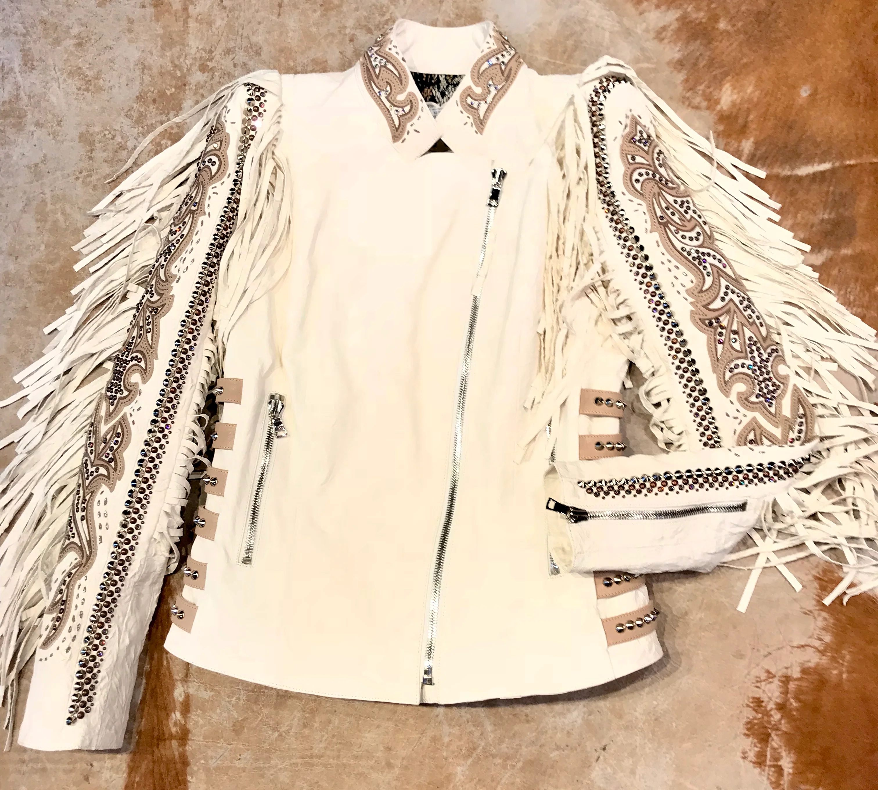 Kashani White Swarovski Crystal Lambskin Studded Fringe Jacket - Image 3