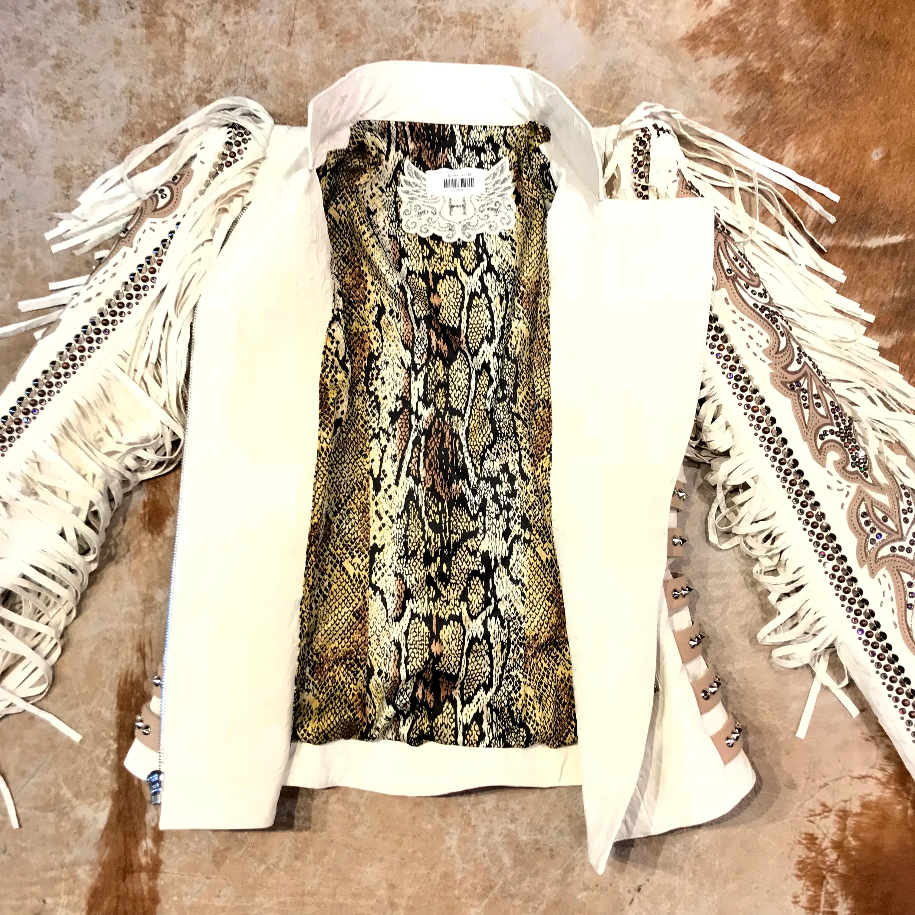 Kashani White Swarovski Crystal Lambskin Studded Fringe Jacket - Image 4